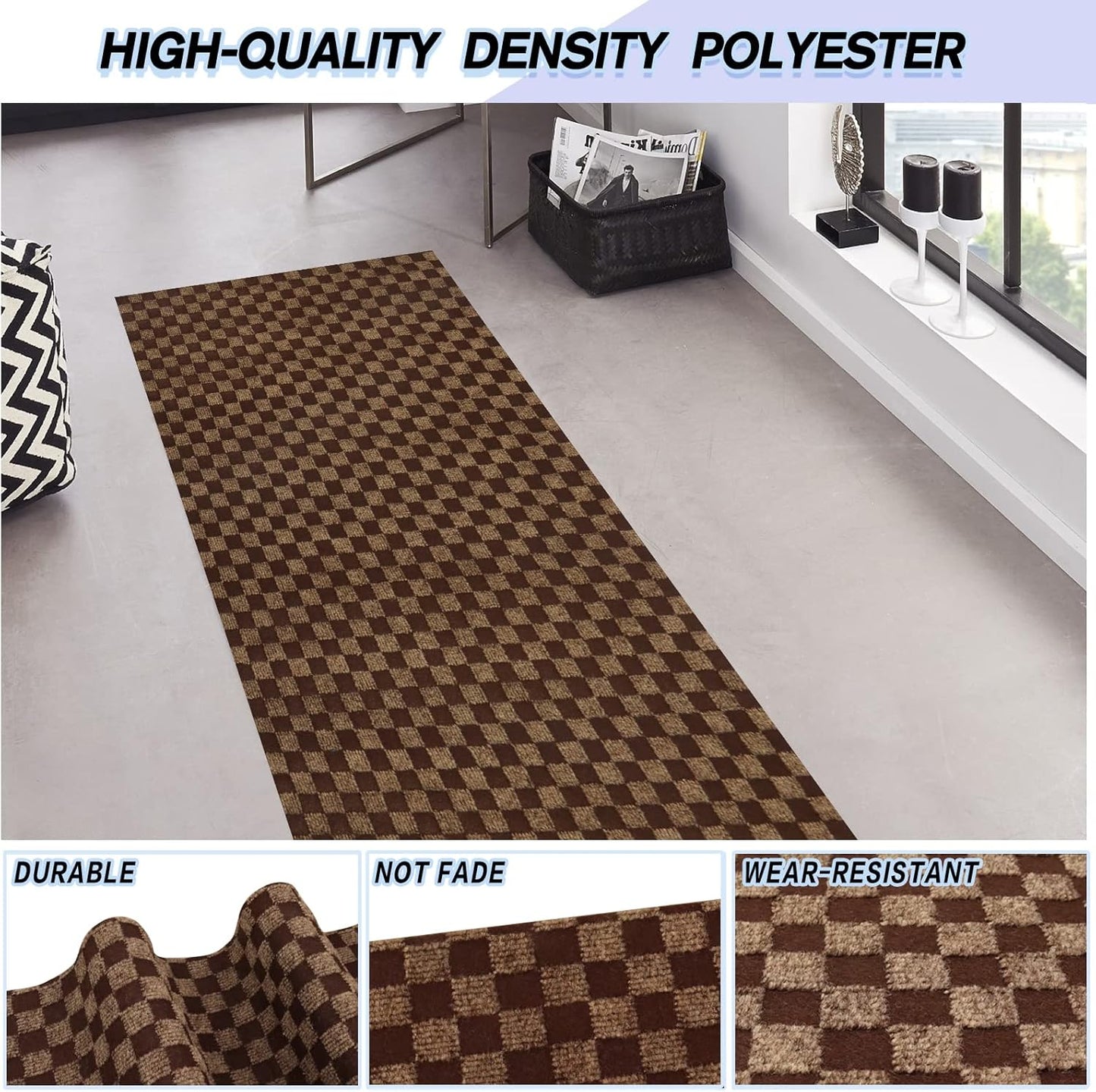 Custom Size Backed Non-Slip Area Rugs Runner, Easy Clean, Waterproof Runner Rugs for Hallway Entryway, Kitchen, Laundry, 2FT x 81FT, Brown Checkered