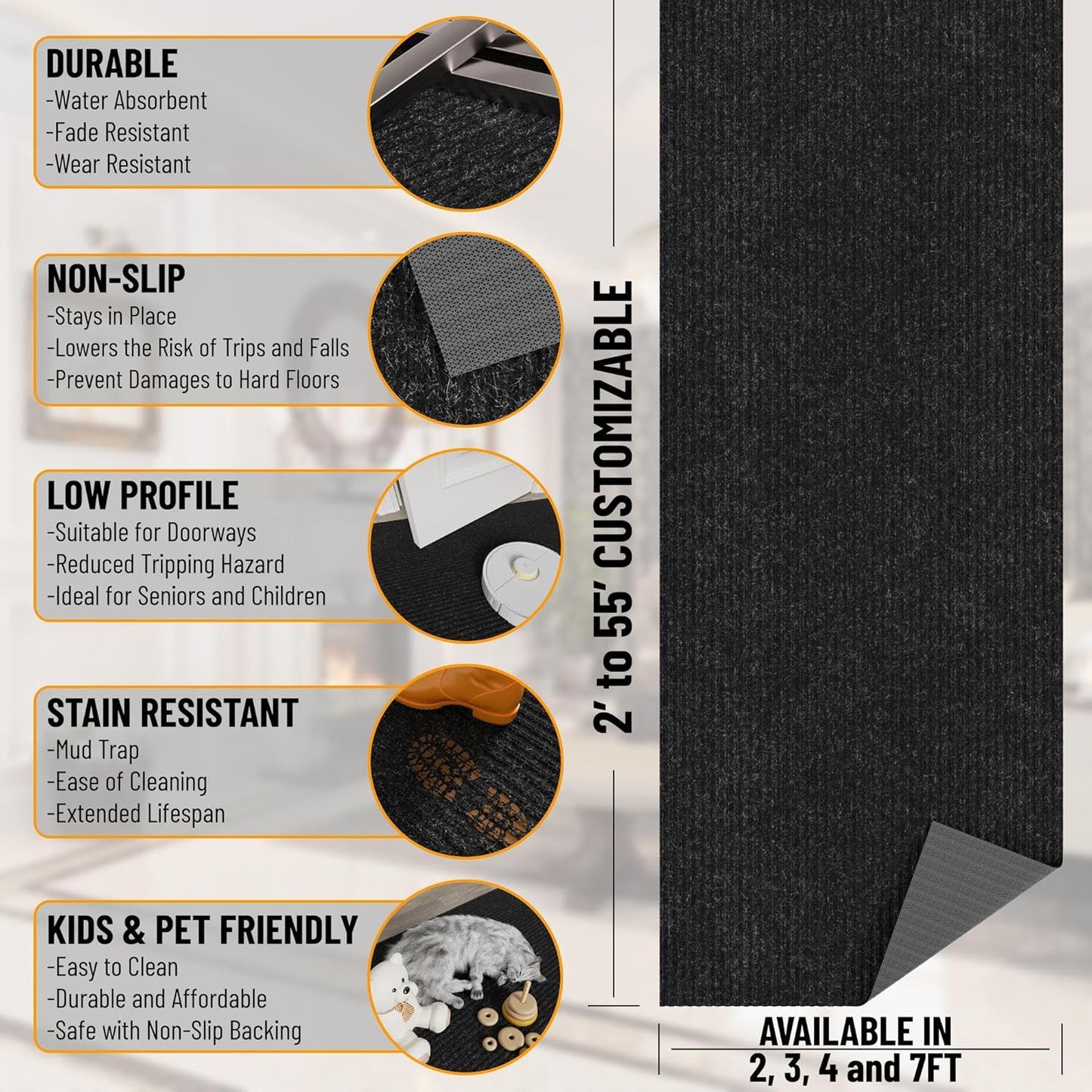 Ottomanson 2'7" x 30' Hallway Runner with Scraper Pile - Extra Durable Non-Slip Rug Mat for Indoor & Outdoor Use - Ideal for Kitchen, Entryway & Garage - High-Traffic Carpet, Black