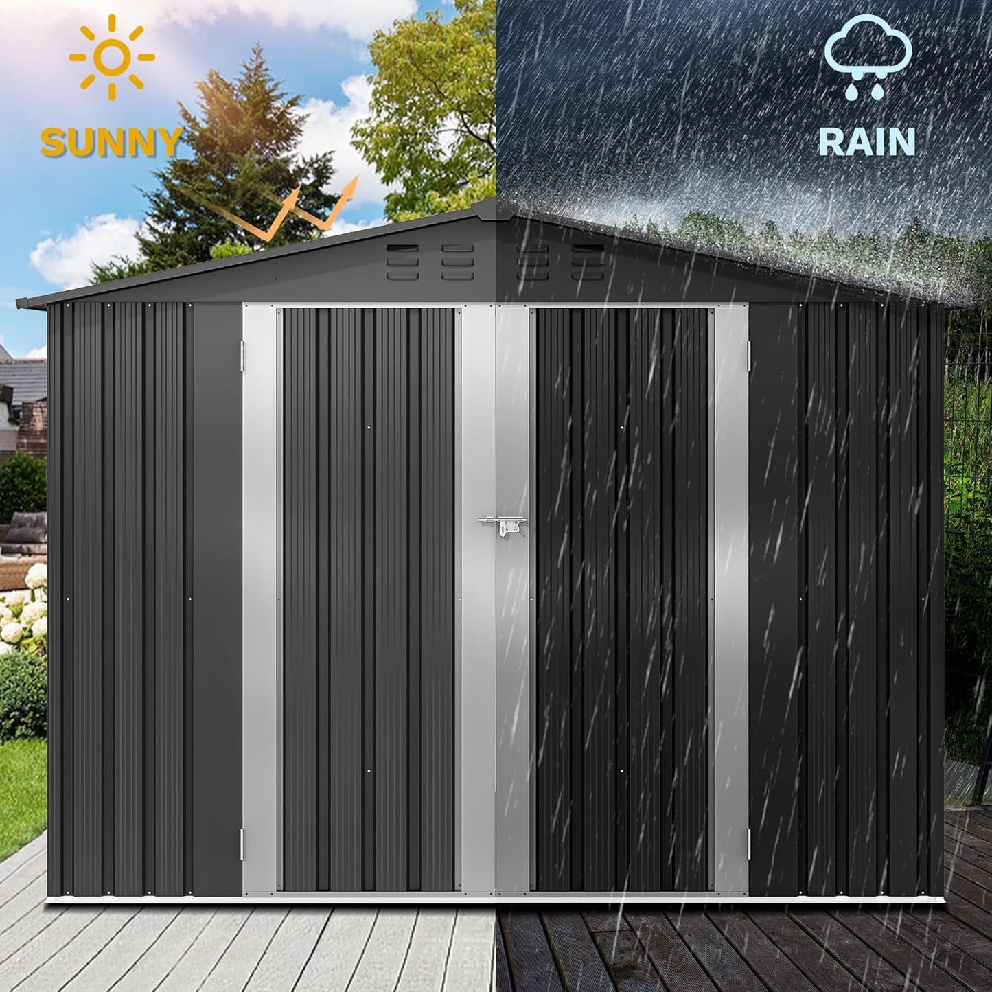 DWVO 8x6FT Outdoor Storage Shelter, Roomy Steel Tool Shed with Secure Entrances & Air Circulation for Patio, Lawn, and Backyard, Ideal for Storing Garden Gear, Lawn Tools, and Bikes, Dark Gray
