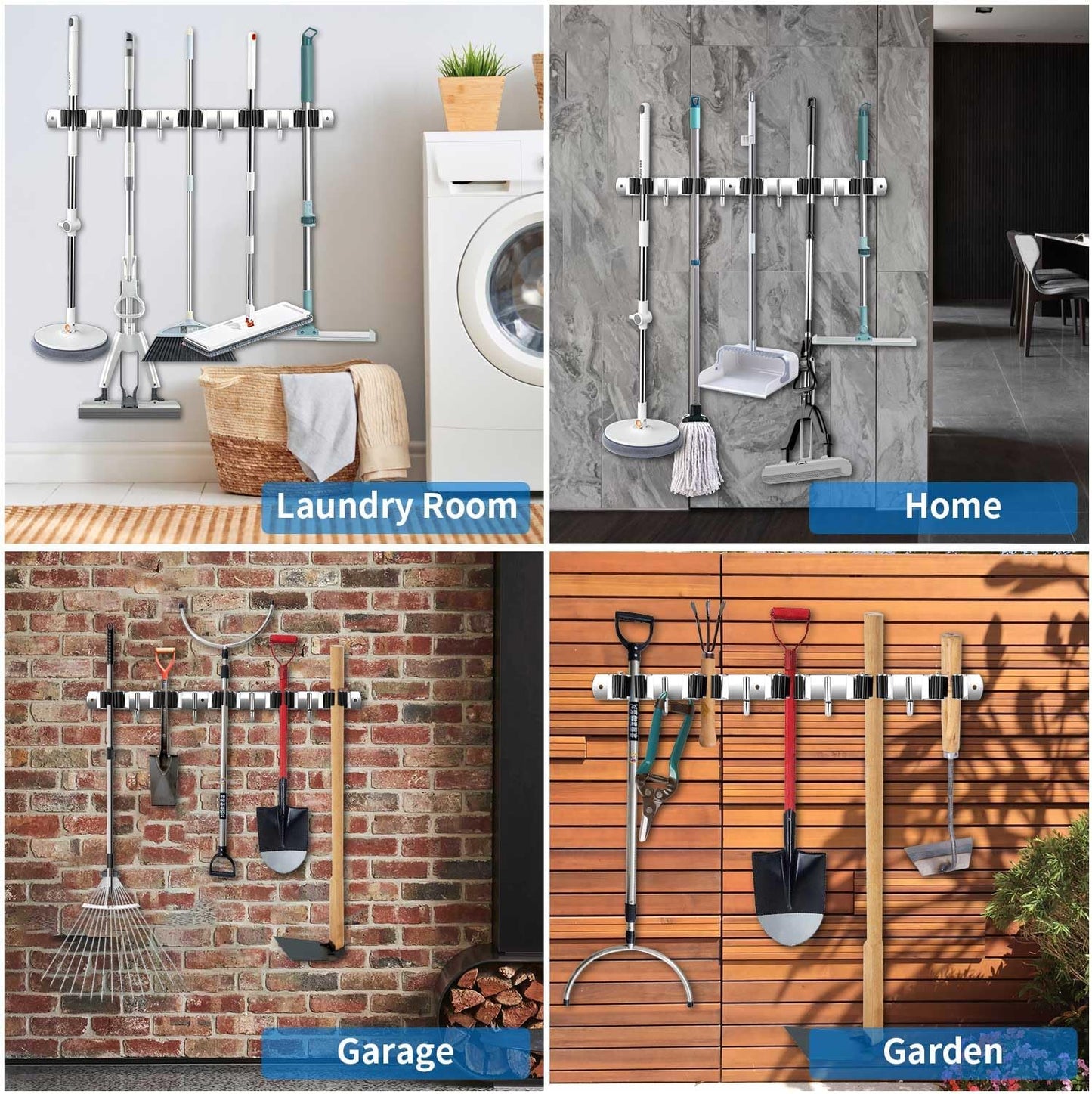 Broom Holder Wall Mount, Stainless Steel Broom Hanger Wall Mount, Heavy Duty Mop and Broom Holder Tool Racks Utility Hooks for Laundry Room Garden Garage, Grey (4 Racks and 5 Hooks)