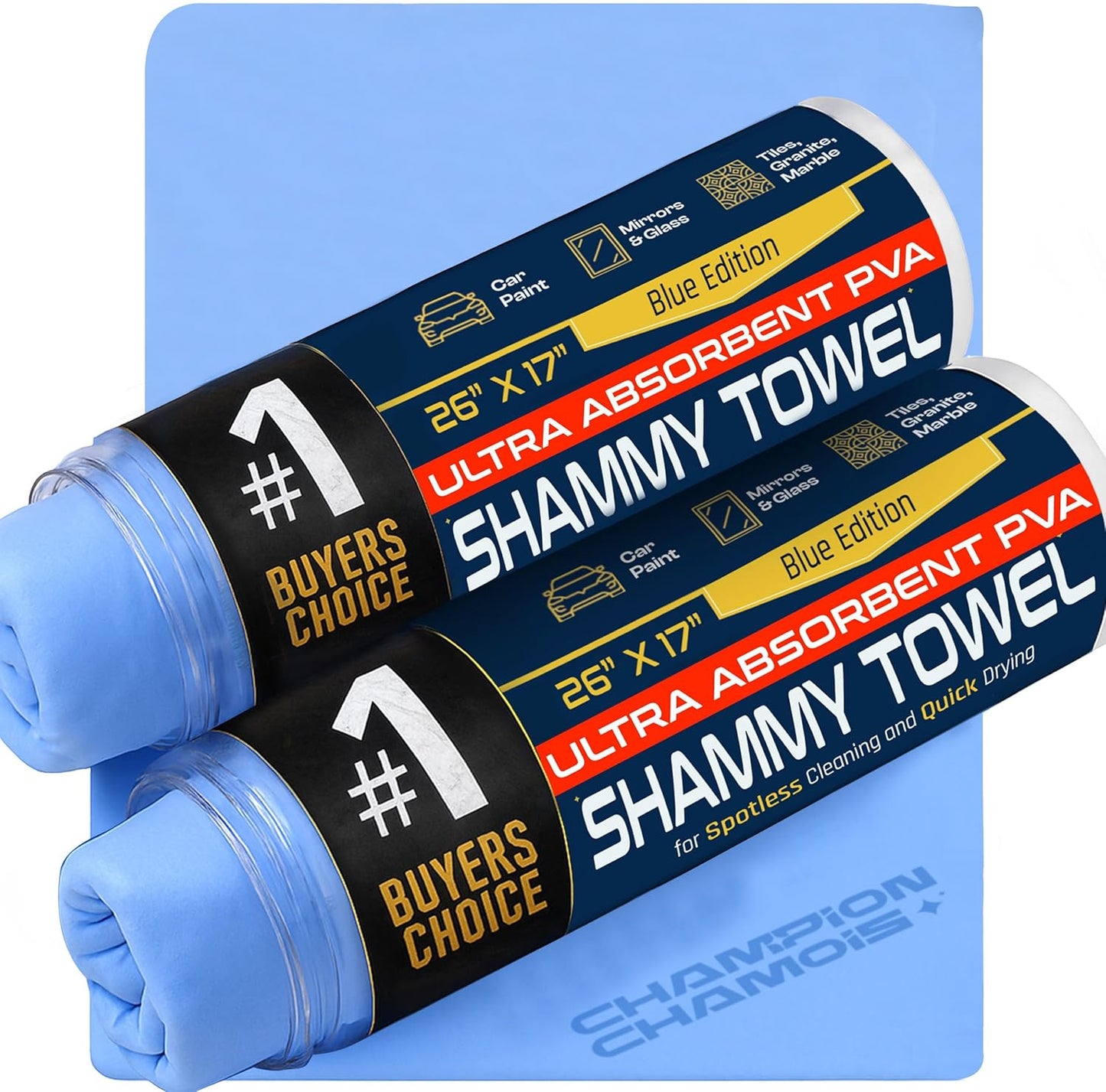 Premium Large Shammy Towel for Car - 2pk Pack (26"x17") - Super Absorbent, Soft, Streak-Free, Scratch-Free Cloth for Cars, Boats, Home - Long Lasting Chamois Towel + Hanging Storage Tubes (Blue)