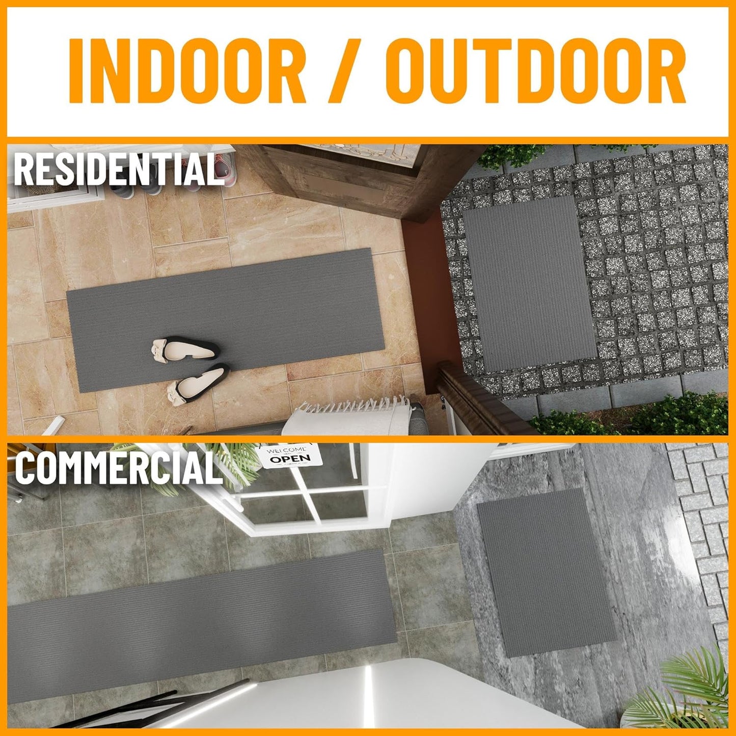 Ottomanson 2' x 22' Hallway Runner with Scraper Pile Extra Durable Non-Slip Rug Mat for Indoor & Outdoor Use - Ideal for Kitchen, Entryway, Patio & Garage - High-Traffic Carpet, Gray