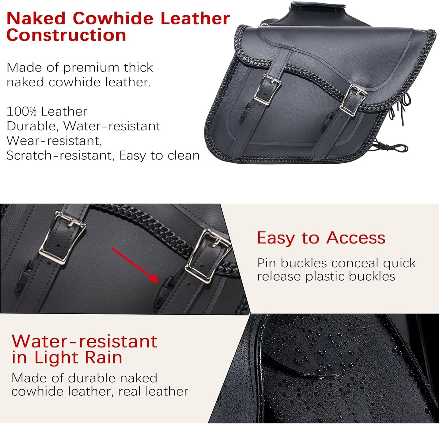 Dream Apparel Naked Cowhide Leather Motorcycle Saddle Bags Studded Throw Over Saddlebags, Motorcycle Side Bags for Honda Shadow Sportster Softail Dyna V-star (Black, No Studs)