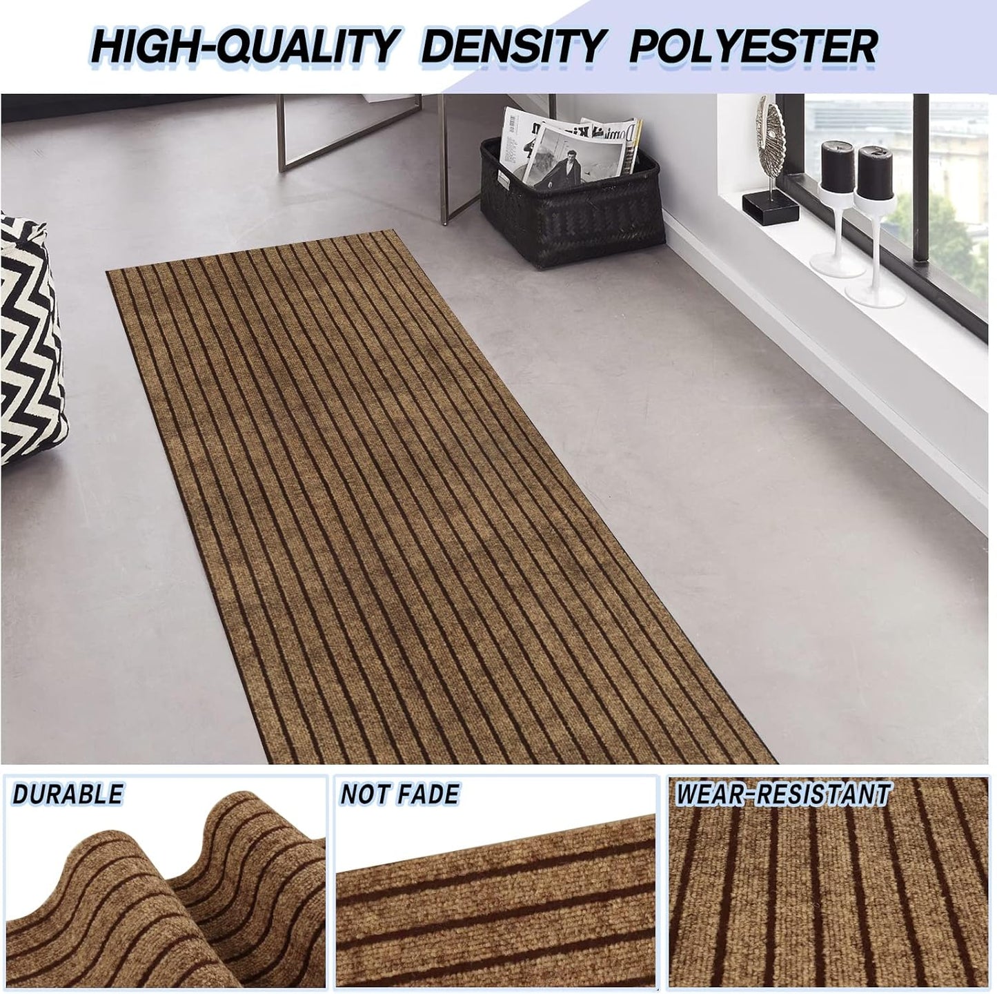 Custom Size Backed Non-Slip Area Rugs Runner, Easy Clean, Waterproof Runner Rugs for Hallway Entryway, Kitchen, Laundry, 2FT x 81FT, Brown Stripe