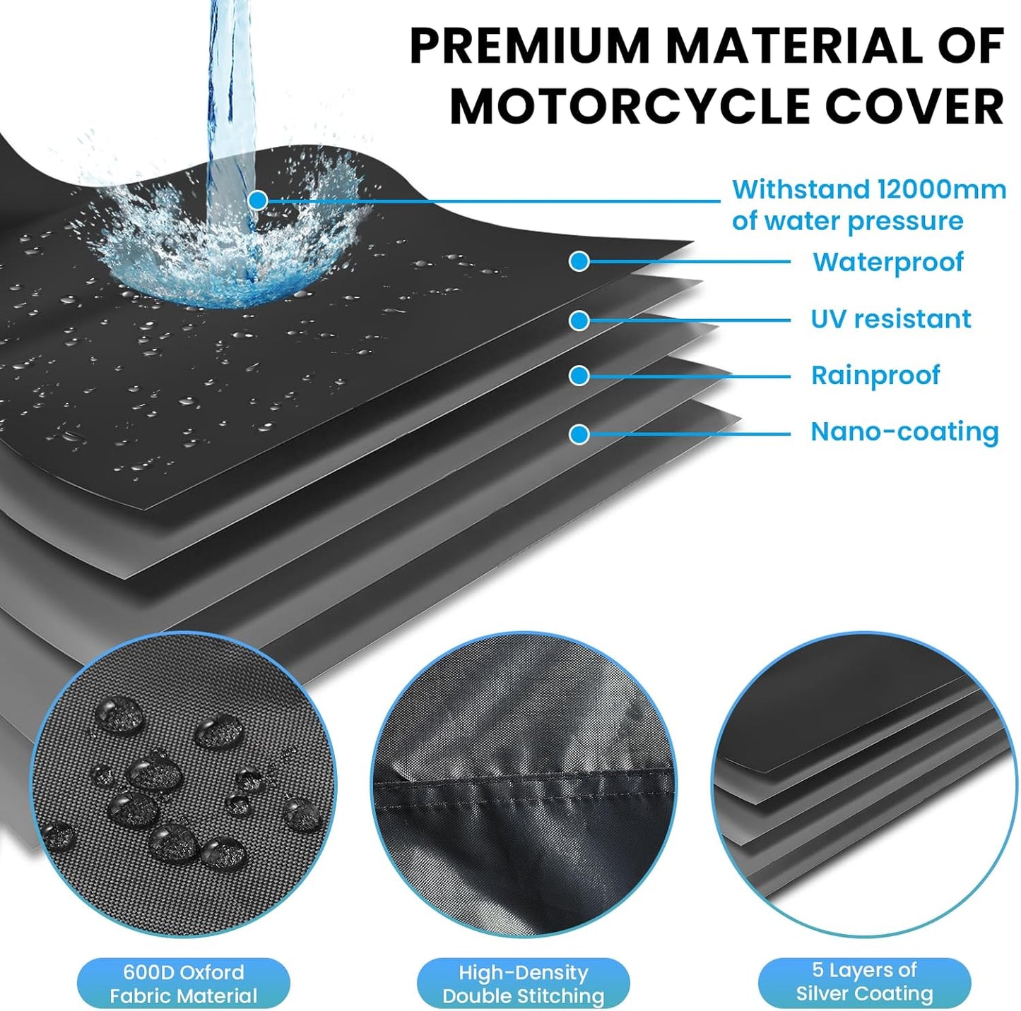 Motorcycle Covers Waterproof Outdoor Storage, Heavy Duty Motorbike Scooter Cover All Weather Protection with 4 Reflective Strips, 2 Lock-Holes, 2 Windproof Buckles (3XL: 95 x 37 x 49 inch)