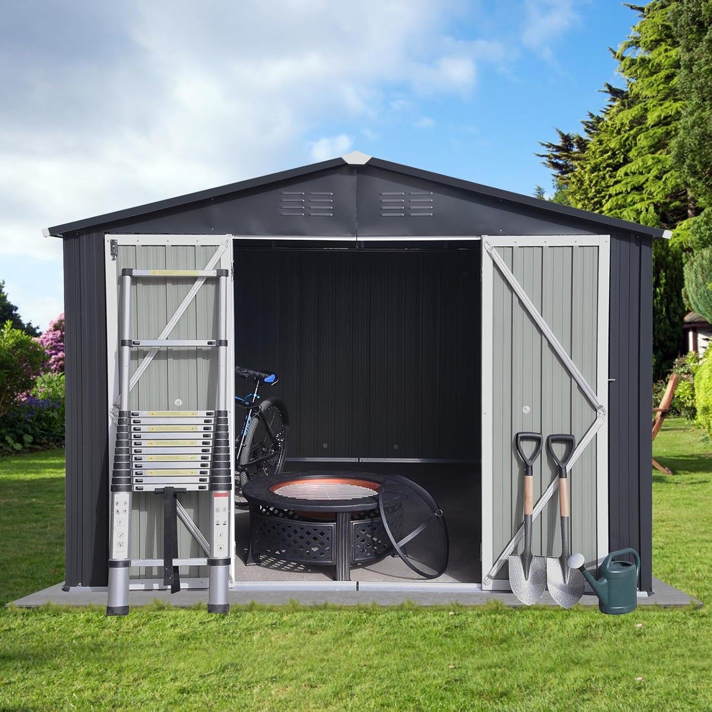 12 x 10 FT Metal Garden Shed, Outdoor Storage Shed with Heavy-Duty Steel Construction, Built-in Punched Vents & Hinged Door, Free Padlock for Secure Backyard, Patio & Garage Storage, Dark Grey