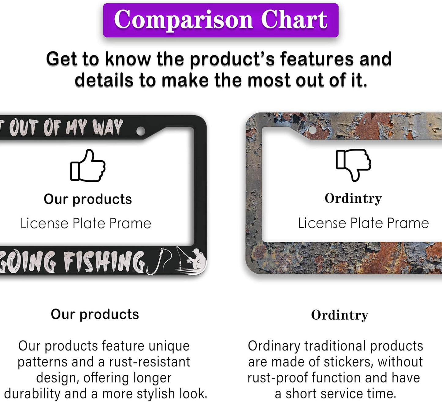 Car License Plate Frame Black and White License Plate Frames Get Out of My Way I'm Going Fish Aluminum Metal Car Accessory 2 Pack with Screw Covers Set