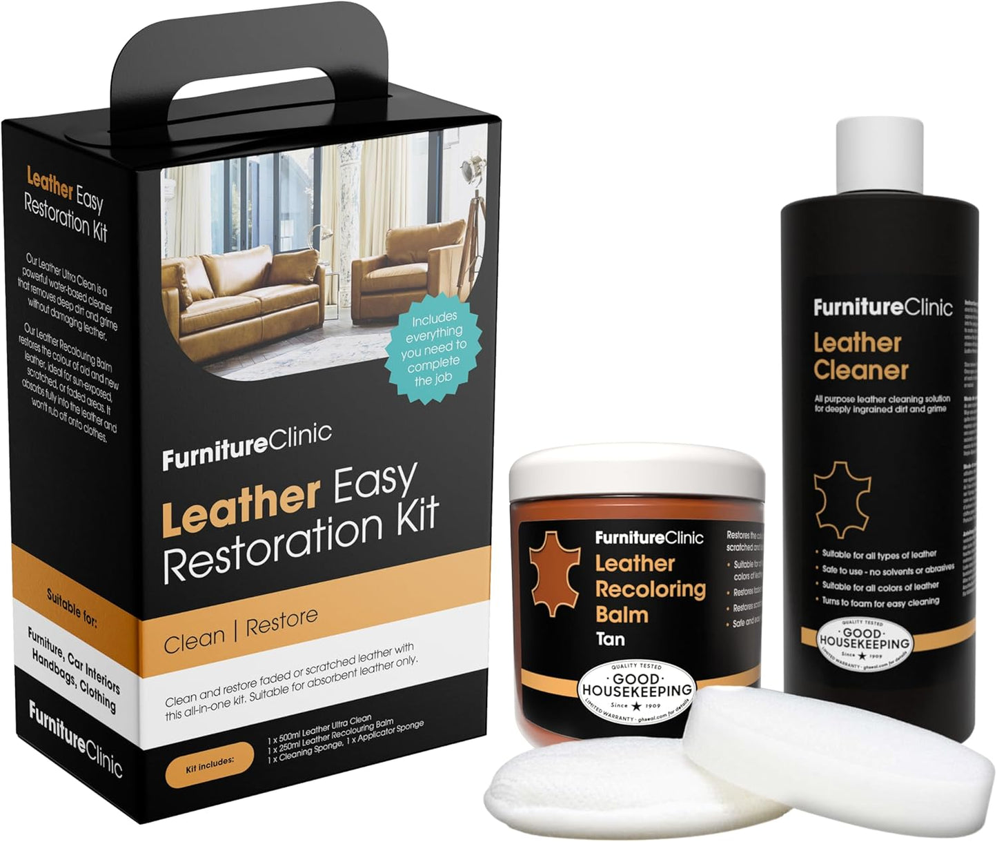 Furniture Clinic Leather Easy Restoration Kit | with Leather Recoloring Balm, Cleaner, Sponge, and Cloth | Leather Repair Kit for Scratched and Faded Furniture (Tan)