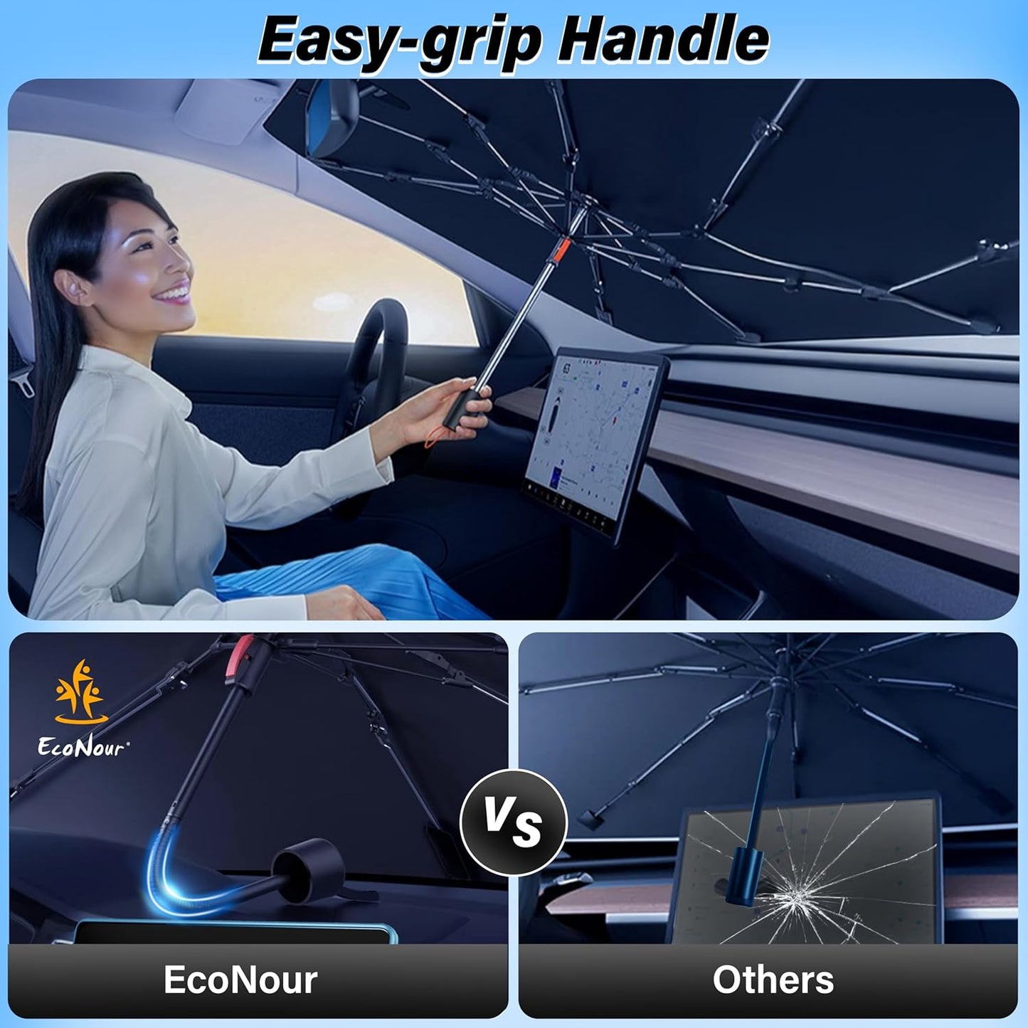 EcoNour Car Windshield Sunshade Umbrella | Foldable Car Umbrella Sun Shade Cover | Front Windshield Shade for Heat and UV Rays Protection | 240T Polyester Umbrella Sunshade | Large (57"x35")
