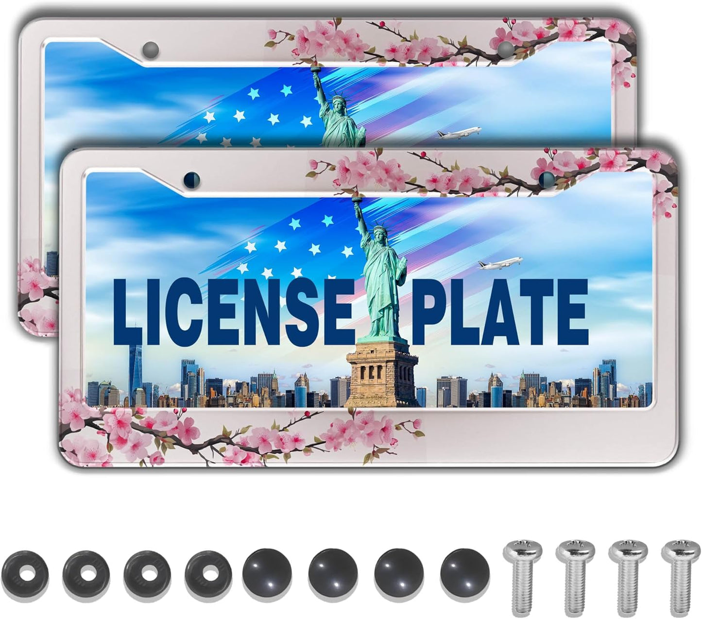 License Plate Frames for Men Powder License Plate Frame for Women Beautiful Cherry Blossom Aluminum Metal Car Accessory 2 Pack with Screw Covers Set