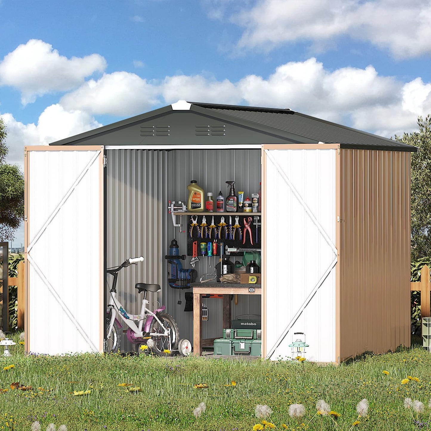 AECOJOY 7' x 7' Metal Storage Shed for Outdoor, Outdoor Storage Shed with Design of Lockable Doors, Utility and Tool Storage for Garden, Backyard, Patio, Outside use.