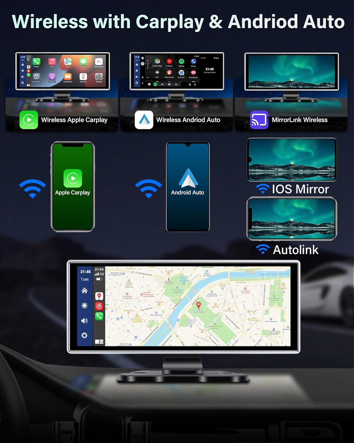 2025 Exclusive 11.26'' Portable Wireless Apple CarPlay Screen for Car & Android Auto Car Stereo, 2.5K Dash Cam 1080P Backup Camera car Audio Receivers/GPS Navigation/Voice Control for All Vehicles