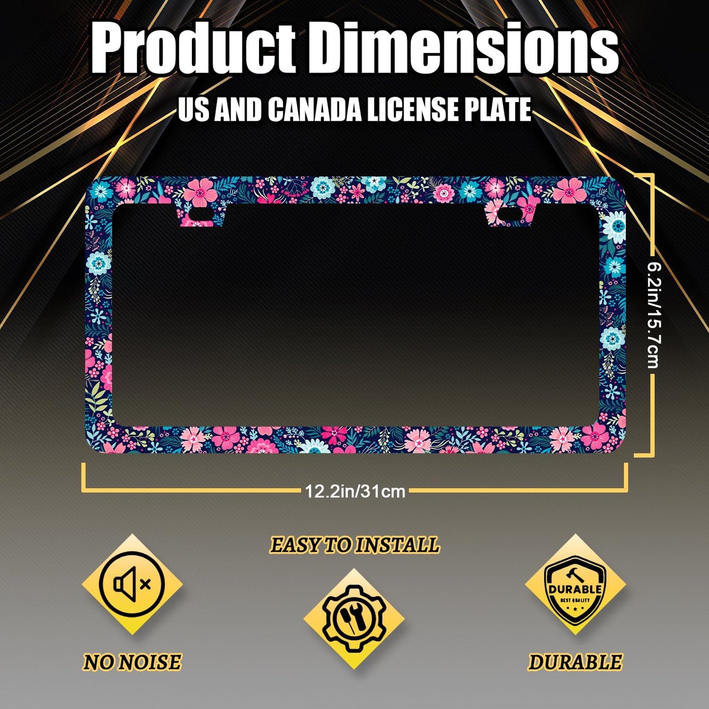 Colorful Flowers License Plate Frame Beautiful Floral Flower License Plate Holder for Women Car Decorative Stainless Steel Cute License Plate Flowers Auto Parts with Screws 12.2"x 6.2"