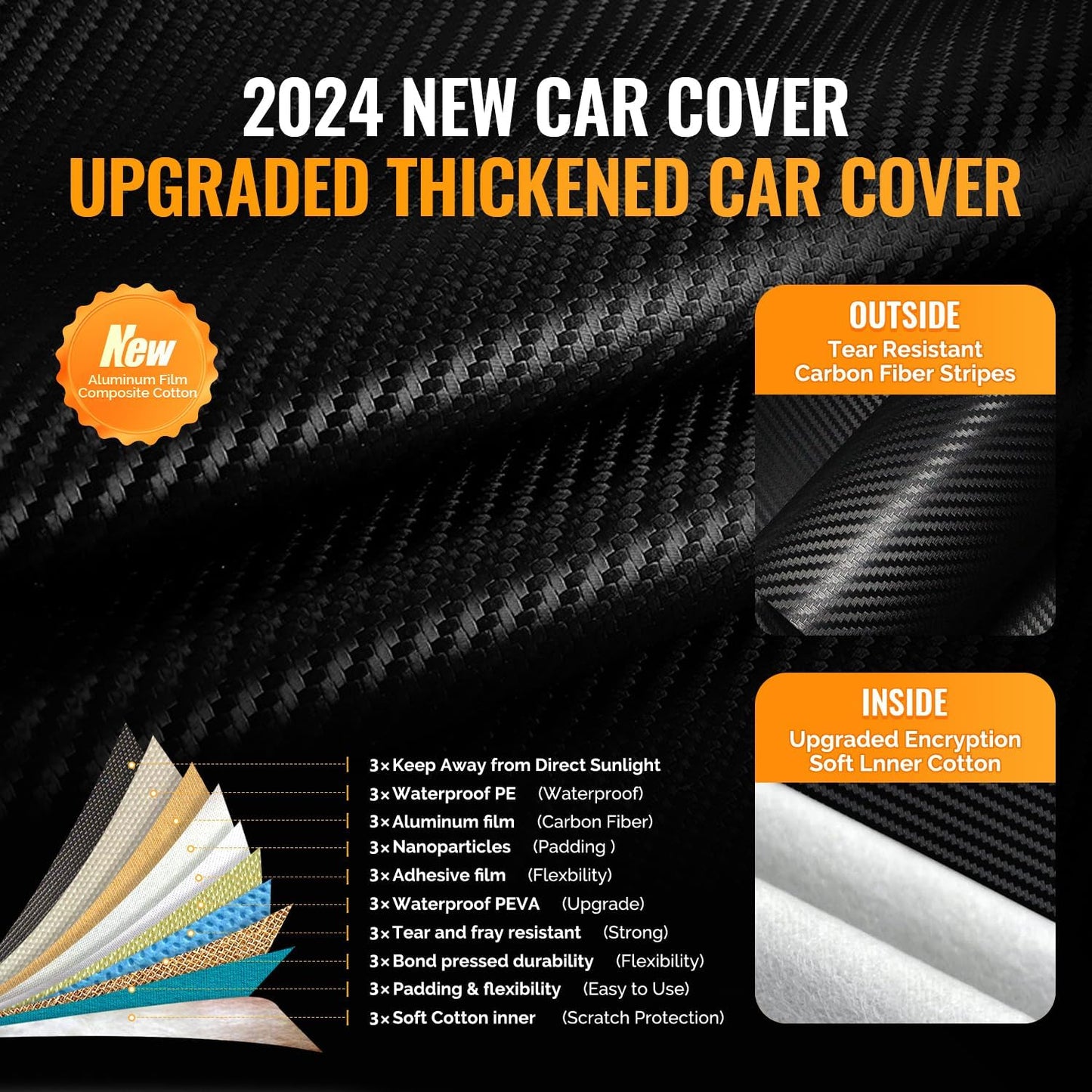 30 Layers Car Cover for Automobiles All Weather Waterproof, Outdoor Snowproof UV Protection Windproof, Door Zipper, Soft Cotton, Heavy Duty Universal Car Covers, (Black, Fit Sedans 191"-200")