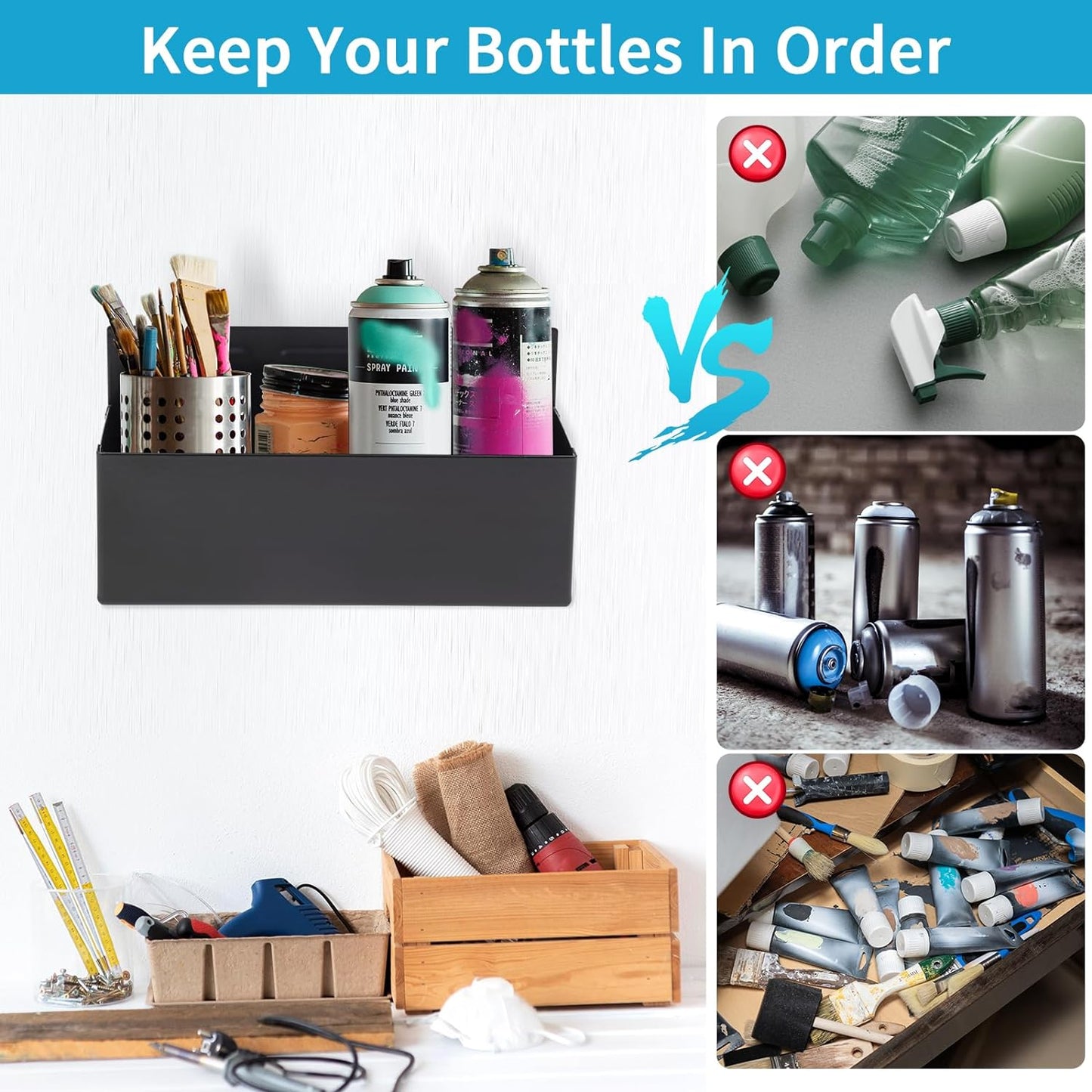 Magnetic Aerosol Spray Can Holder, Magnet Toolbox Bottle Holder, Tool Box Storage Rack for Garage and Home, Craft Workspace, Mechanic Paint Bottle Can Organizer, Black, 3"x8.3"