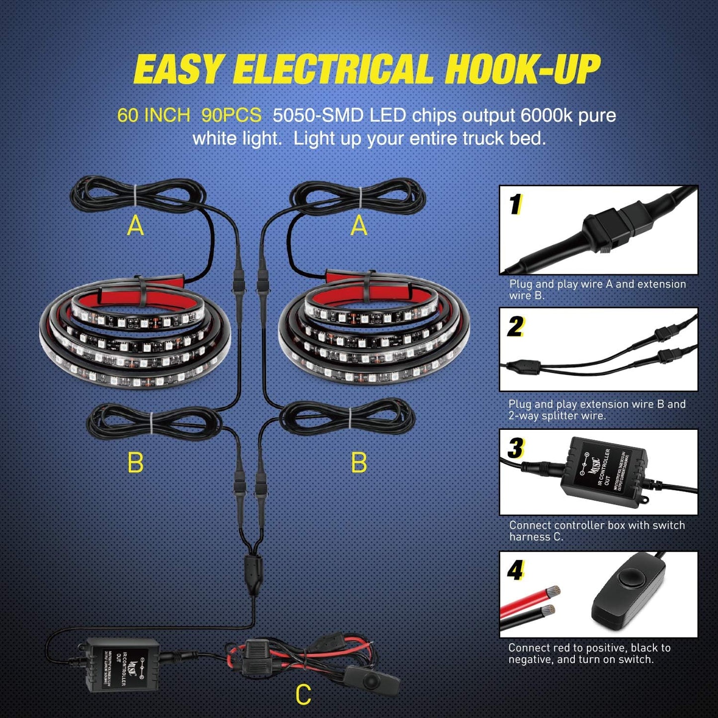 Nilight - TL-31 2PCS 60Inch RGB Truck Bed Light Strip Kit 180 LED RF Remote Control with On Off Switch Blade Fuse 2Way Splitter Extension Cable for Cargo Pickup Truck SUV RV Boat, 2 Years Warranty