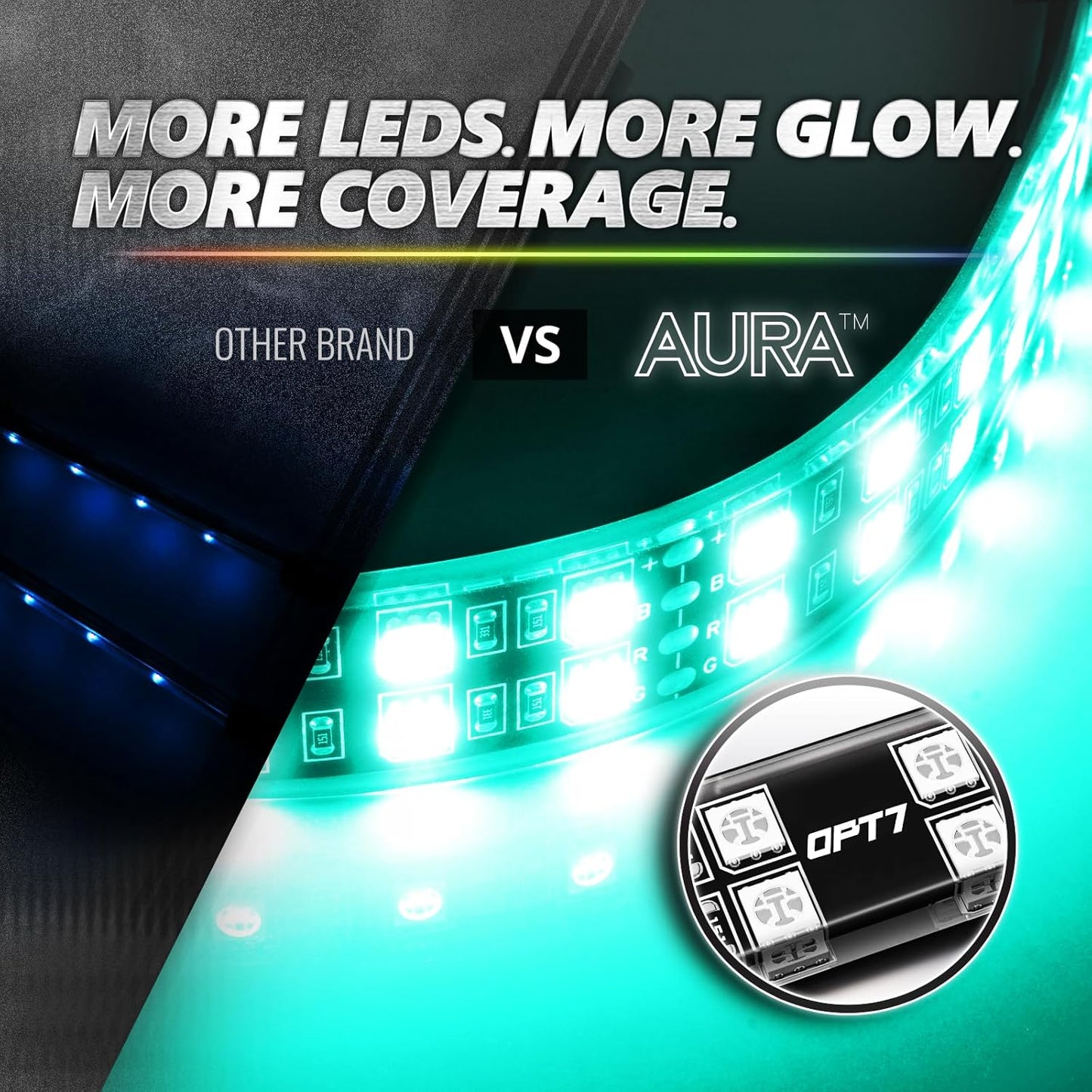 OPT7 Aura Pro 4PC Double LED Interior Car Strip Lights with APP & Remote Control, Multicolor Mode, Sound Active Neon Accent Lighting Kit, Footwell Floor Inside Decor Accessories, 12V Charger Adapter