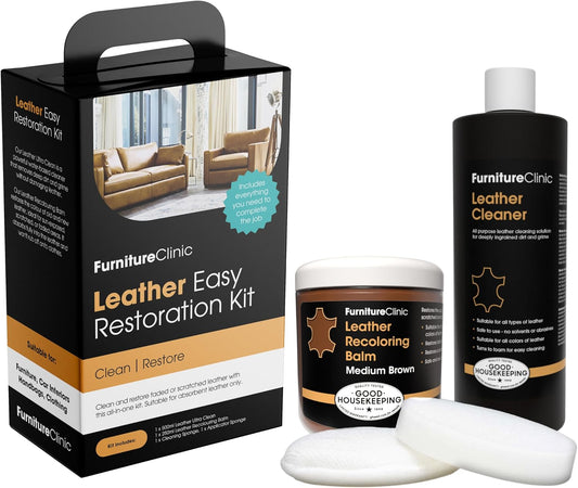 Furniture Clinic Leather Easy Restoration Kit | with Leather Recoloring Balm, Cleaner, Sponge, and Cloth | Leather Repair Kit for Scratched and Faded Furniture (Medium Brown)