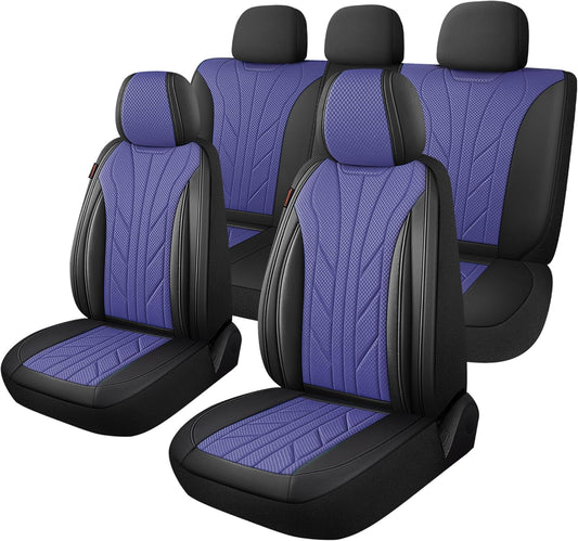CAROMOP Luxury Faux Leather&Fabric Car Seat Covers Full Set with Breathable 3D Foam Back Support,Universal Comfortable Seat Covers for Cars,Trucks,SUVs, Front Armrests Compatible(5-Seat Black/Blue)
