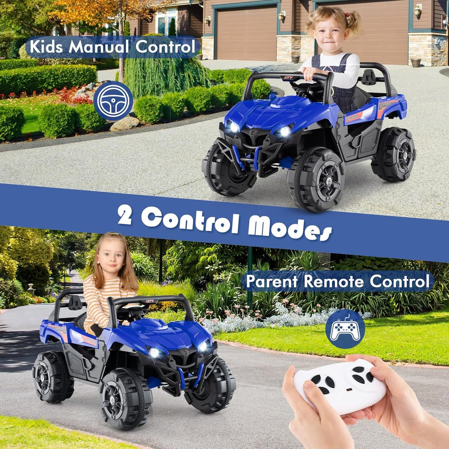 OLAKIDS 12V Ride on Car UTV, Battery Powered Off-Road Kids Electric Vehicles with Remote Control, Music, Horn, MP3, Lights, 3 Speeds, Soft Start, Ride on Truck for Boys Girls (Blue)