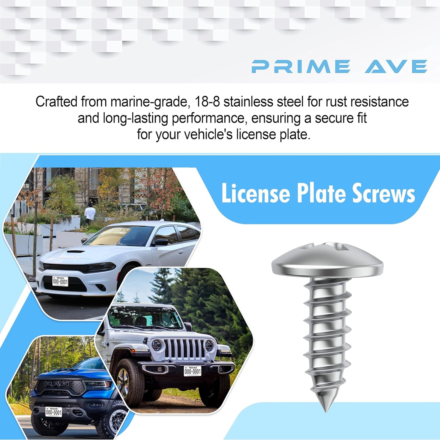 Stainless Steel License Plate Screws for License Plates, Frames, Covers - Rust Proof Licence Plate Screw Set for Front/Rear - Compatible with Chrysler Dodge Jeep & Ram (Pack of 8)