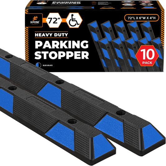 Xpose Safety 72" Heavy Duty Rubber Parking Stopper – 10 Pack Wheel Blocks for Garage, Driveway, or Ramp – Car Bumper Stop with Blue Reflective Strips – Removable Floor Mount