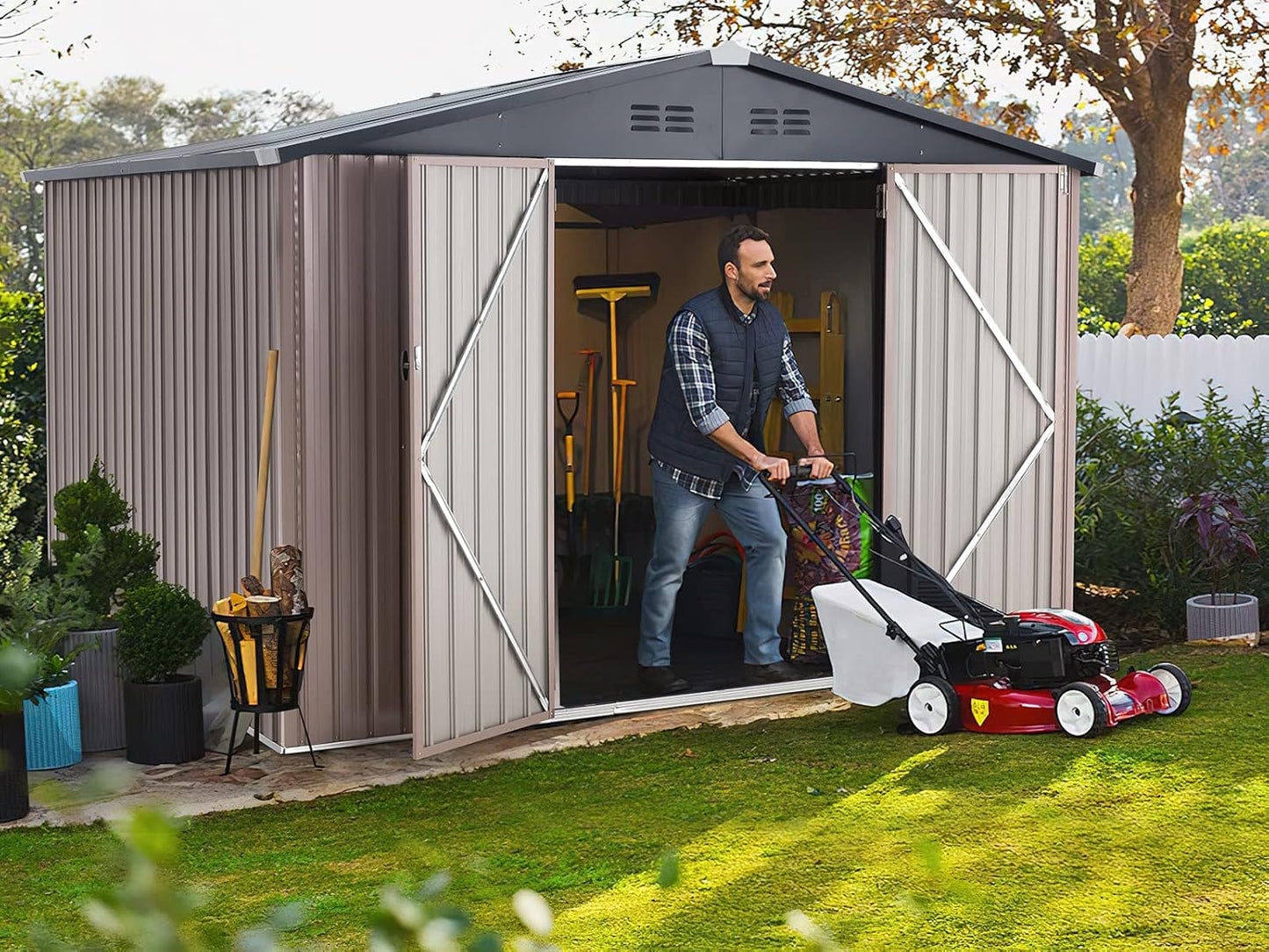 U-MAX 8' x 10' Shed Outdoor Storage Shed Clearance, Extra Large Yard Steel Metal Garden Shed with Design of Lockable Doors, Tool and Utility Storage for Backyard, Garden, Patio, Outside use in Taupe