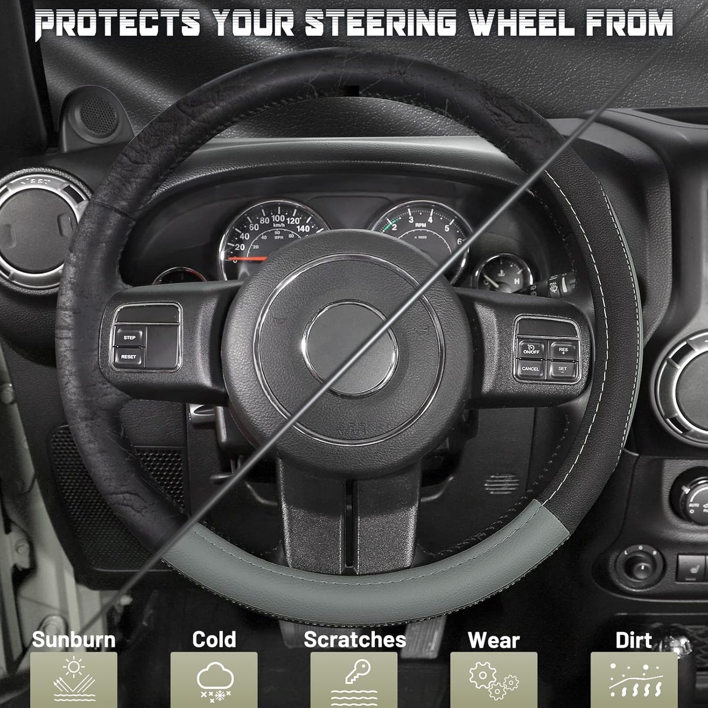 SEG Direct Car Steering Wheel Cover for F-150 Tundra Range Rover 15.5-16 inch, Black and Gray Microfiber Leather