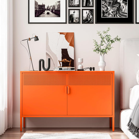 2 Door Accent Cabinet,Orange Metal Storage Cabinet with Adjustable Shelf,2-Tier Shelf,Multipurpose Metal Locker Storage for Office Home,Music Studio (Orange)