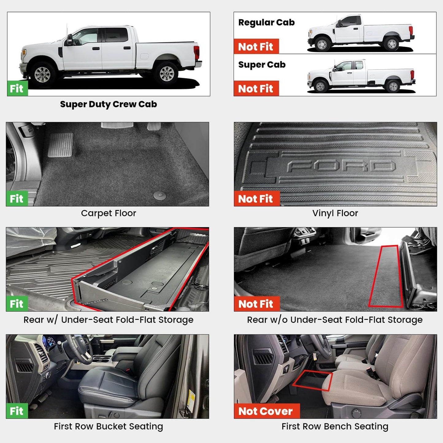 LASFIT Floor Mats for Ford F250 F350 F450 2017-2026 Crew Cab Front Bucket Seat | Rear W/Fold-Flat Storage Carpet Floor Super Duty All Weather Protector TPE Car Floor Liner, 1st & 2nd Row, 3pcs Black