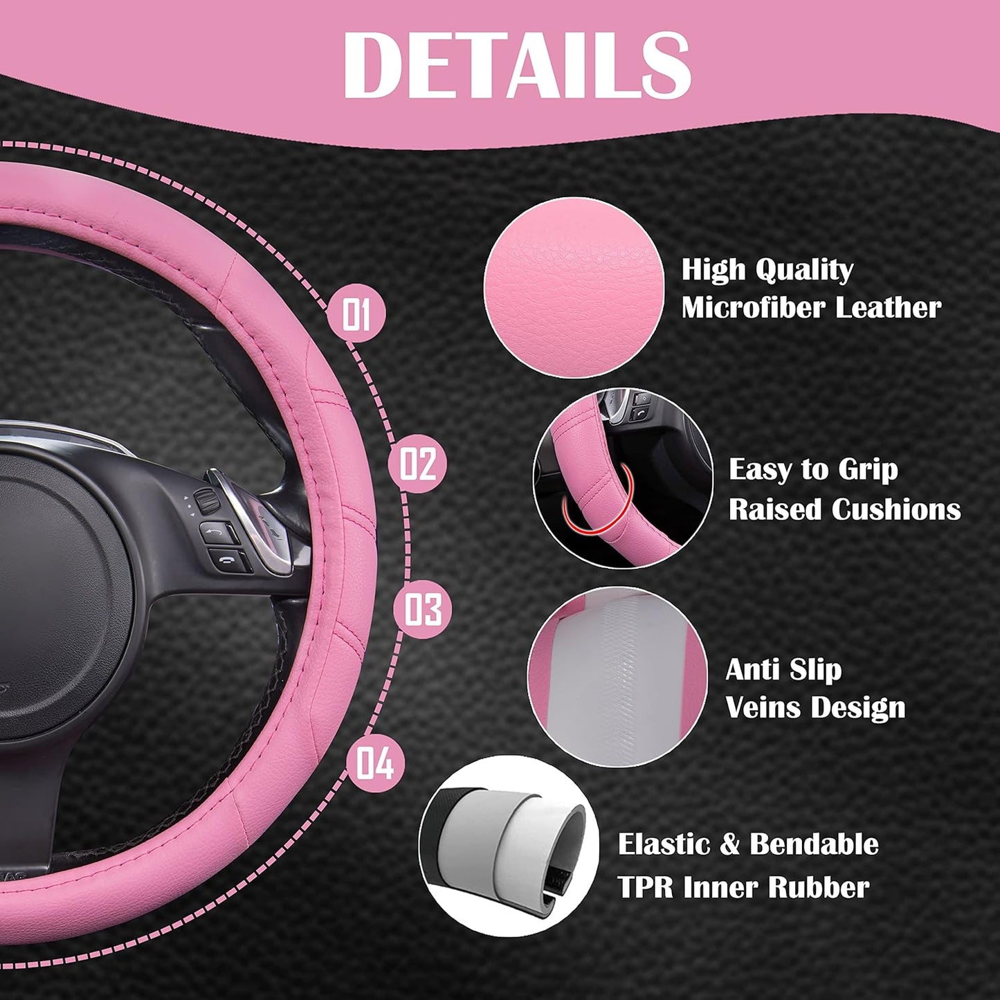 CAR PASS Line Rider Microfiber Leather Sporty 14.5-15 inch Car Steering Wheel Cover Universal Fits for 95% Cars Sedans SUV Trucks, Anti-Slip Safety Comfortable Design (Pure Pink)