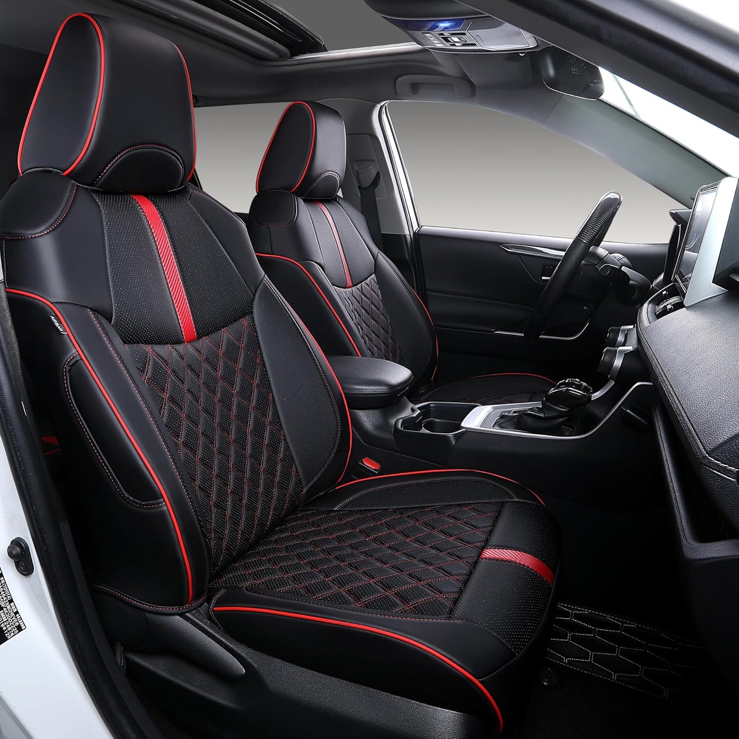 Custom Fit RAV4 Seat Covers for 2019-2025 Toyota RAV4 Hybrid LE,XLE,XLE Premium,Limited Full Coverage Waterproof Leather Car Seat Covers Full Set (Black with Red Trim)