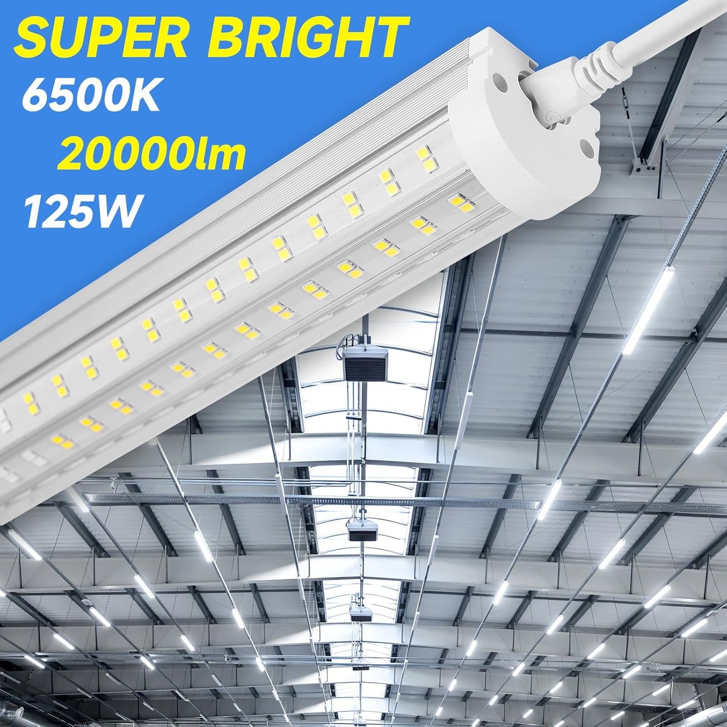 8FT U Shape 125W Integrated Tube Bright LED Light, 6500K Clear White, 20000LM - Flush Mount/Hanging Linkable LED Ceiling Lights for Garage, Plug&Play, 6 Pack