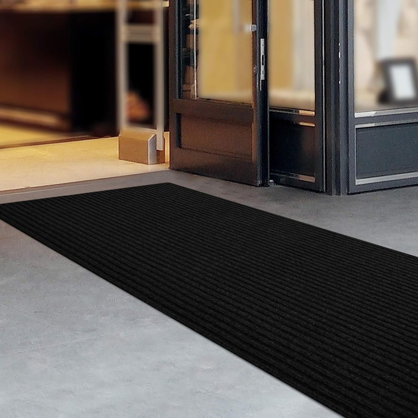 iCustomRug Spartan Weather Warrior Indoor/Outdoor Utility Ribbed Carpet Runner with Non-Slip Thermoplastic Rubber Backing, 3ft X 38ft in Black