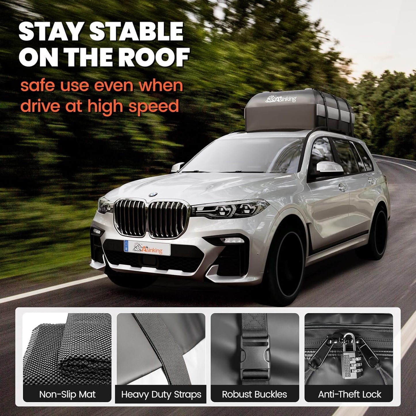 Asinking Car Rooftop Cargo Carrier Bag - 100% Waterproof Heavy Duty Car Roof Luggage Carrier 21 Cubic Feet, Fits All Vehicles with/Without Roof Rack - Easy Install & Triply Reinforced for Secure Use