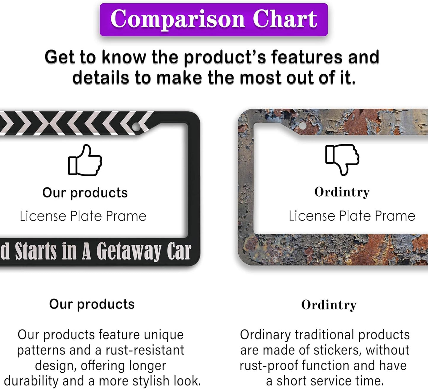 License Plate Frames Black and White Fun License Plate Frame Cover Nothing Good Starts in a Getaway Car Universal Aluminum Car Accessory 2 Pack with Screw Covers Set