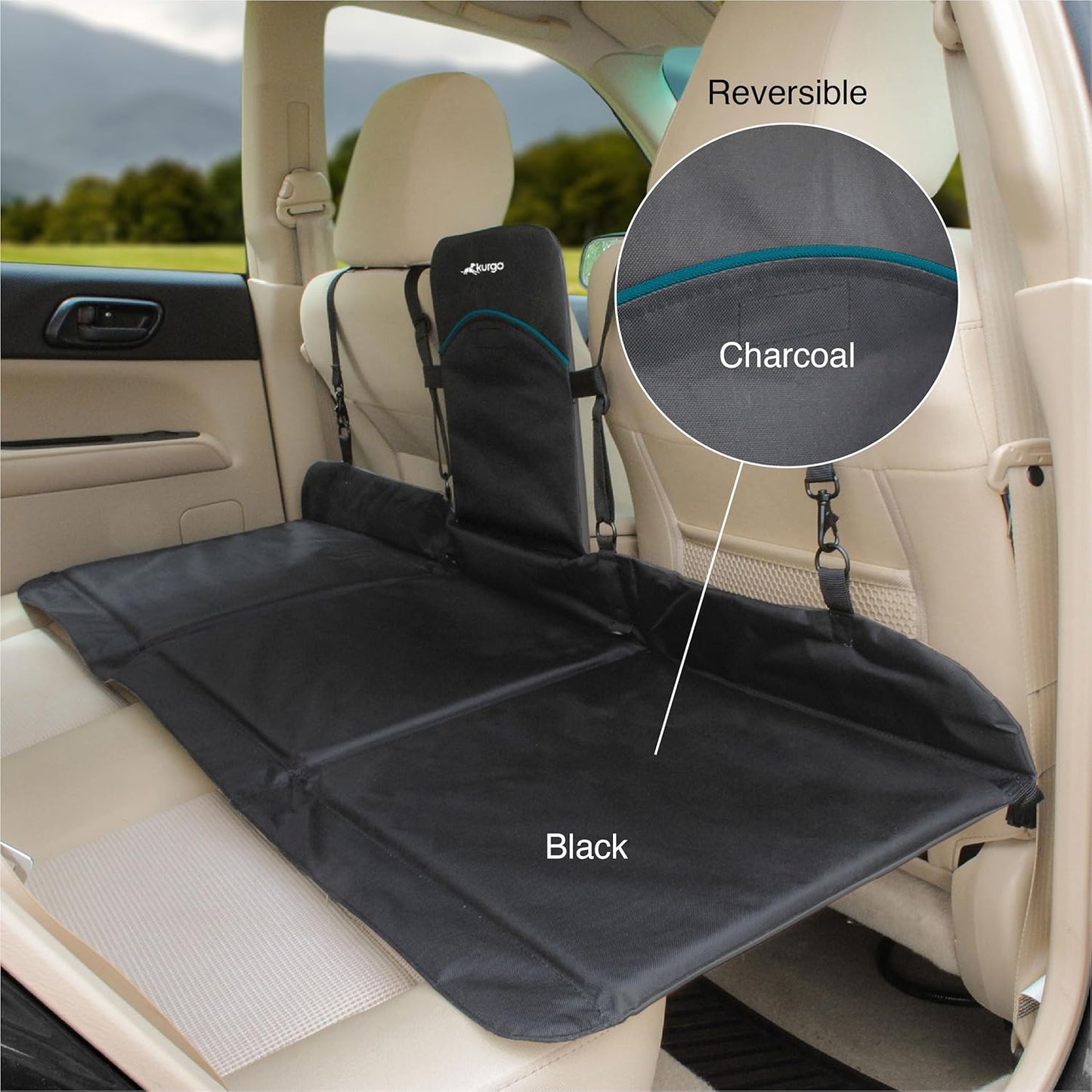 Kurgo Rover Backseat Bridge Dog Car Extender, Seat Bridge for Dogs, Padded Pet Car Barrier, Reversible, Water Resistant, Universal Fit, Up to 75 lbs