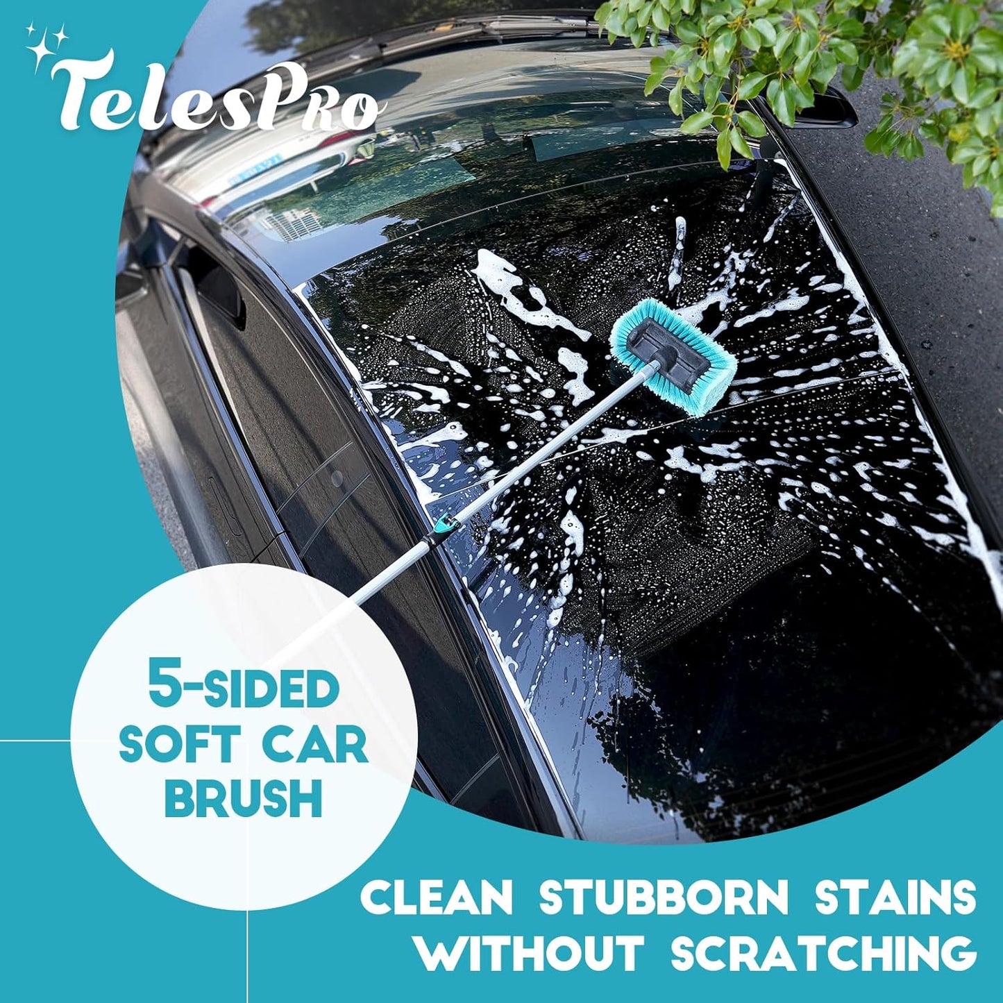 12FT Car Wash Brush with Long Handle, Car Cleaning Kit with Soft Wash Brush, Tire Brush, Window Squeegee, Microfiber Cleaning Head, Mitt, for House Siding, Auto Cars, Trucks, SUV, RV, Floors