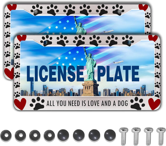 License Plate Frames Black, White, and Red License Plate Frame All You Need is Love and a Dog Universal Aluminum Car Accessory 2 Pack with Screw Covers Set