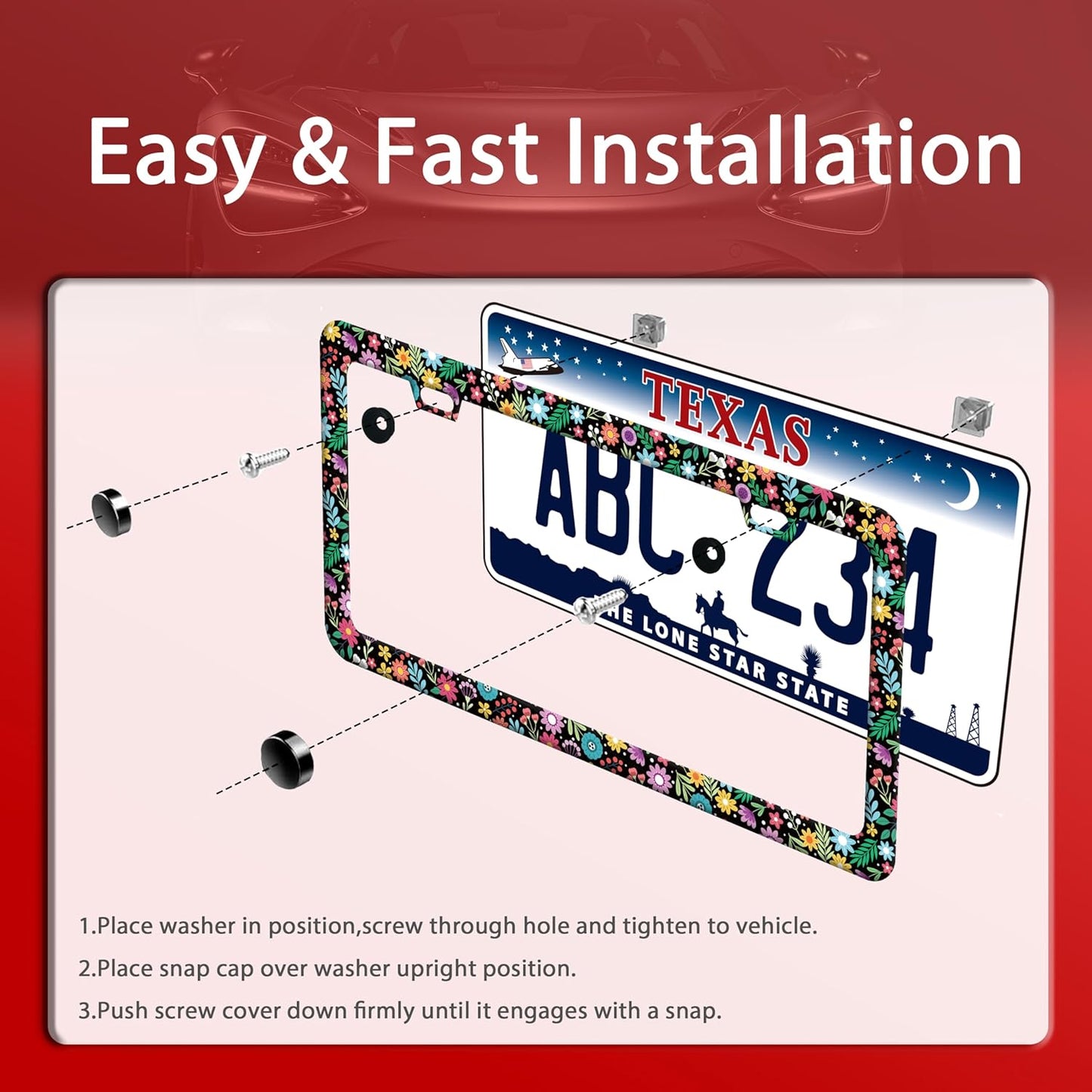 Colorful Flowers License Plate Frame Funny Floral License Plate Frames Stainless Steel Accessories Cars Decor with 2 Holes and Screws Fits Standard Us Ca Vehicles License Plate Holder 12.2 X 6 Inch