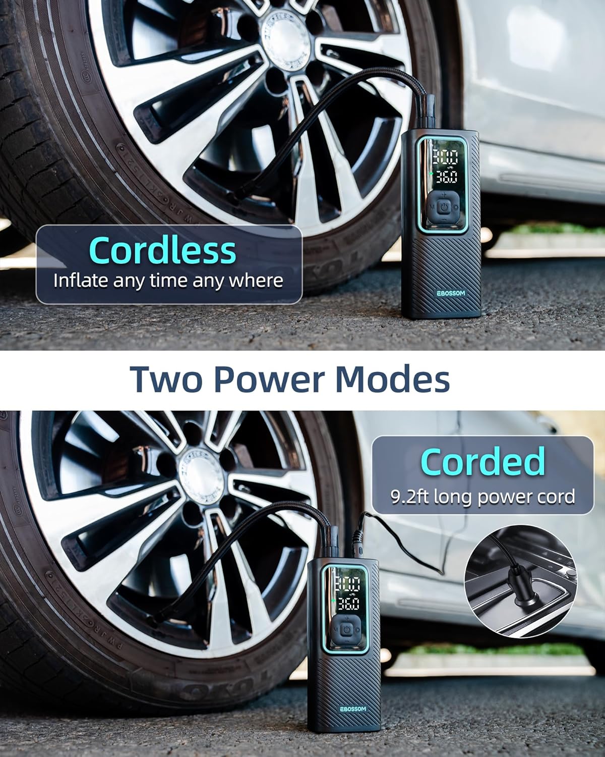 Tire Inflator Portable Air Compressor, 150 PSI Mini Car Air Pump with 6000mAh Battery,12V DC, Pressure Gauge, Cordless Tire Inflator Rechargeable with Display & LED for Car, Motocycle, Bikes, Balls