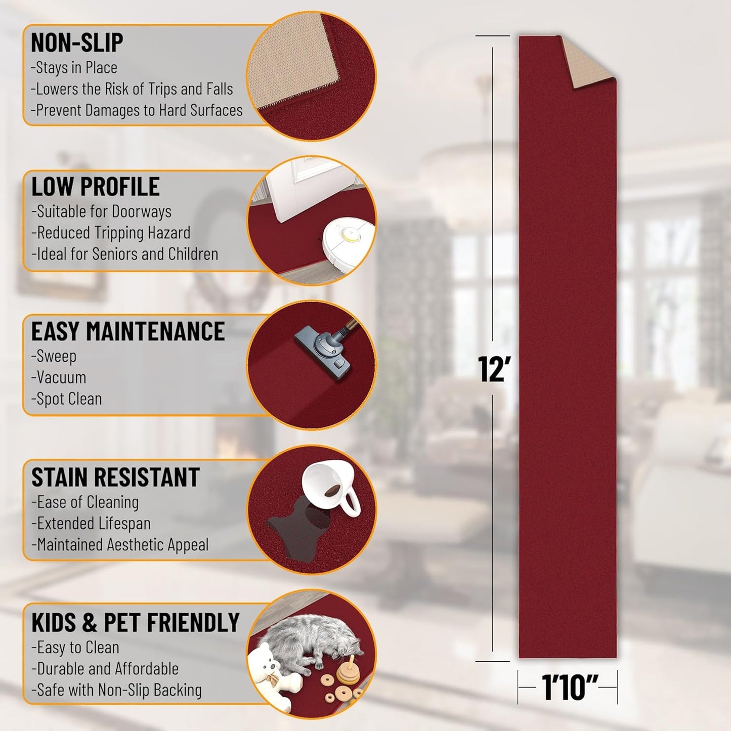 Ottomanson Hallway Runner Rug 1'10" x 12' Non Slip Solid Area Rugs Easy to Clean Laundry Rug Runner Durable & Pet Friendly Floor Carpet Runners for Hallways Entryway Living Room Kitchen, Red