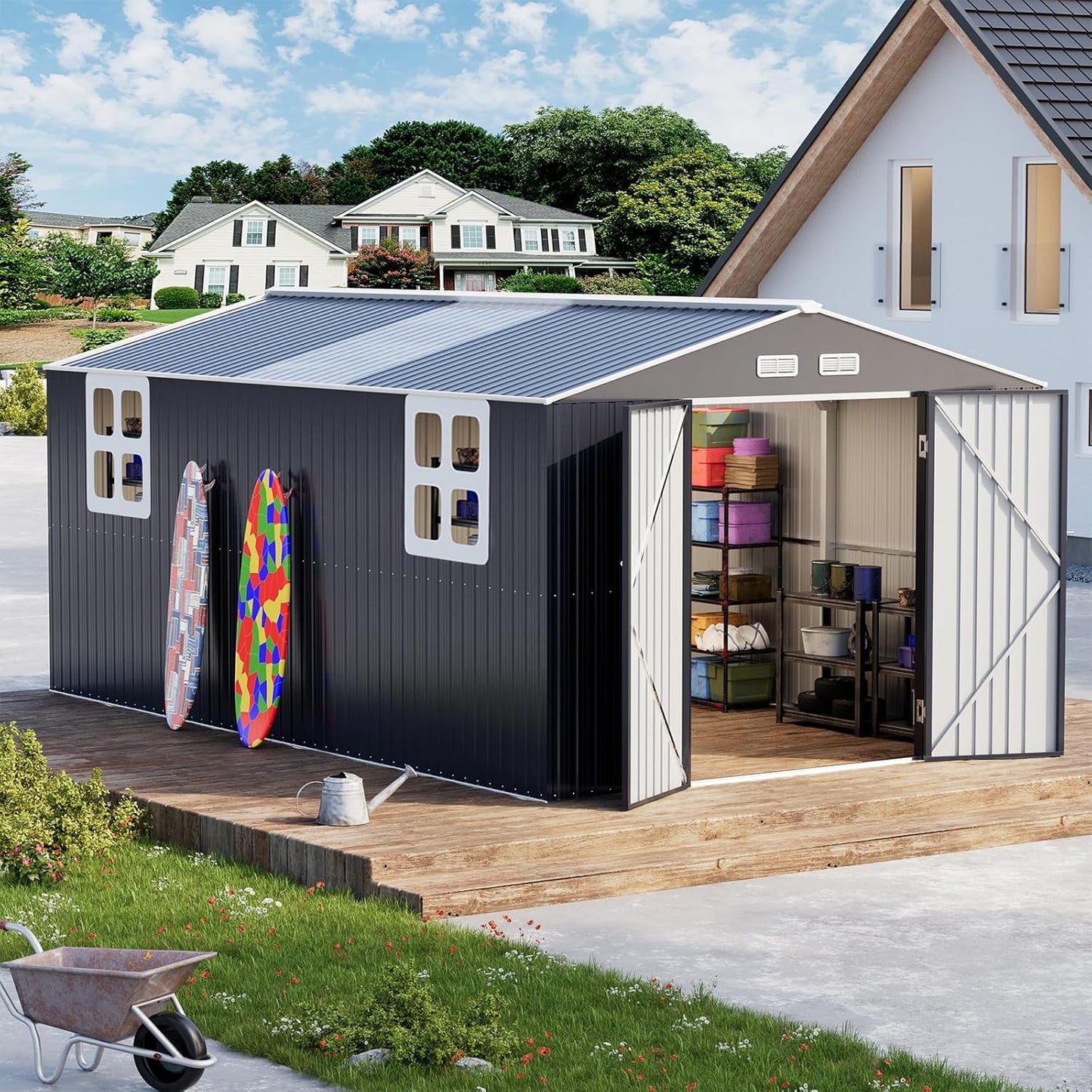 10x16 FT Metal Outdoor Shed Extra Large Waterproof Tools Storage House with Skyview Windows Air Vent Reinforced Frame for Outside Garden Backyard to Store Bikes,Lawnmower,Garage,Dark Grey