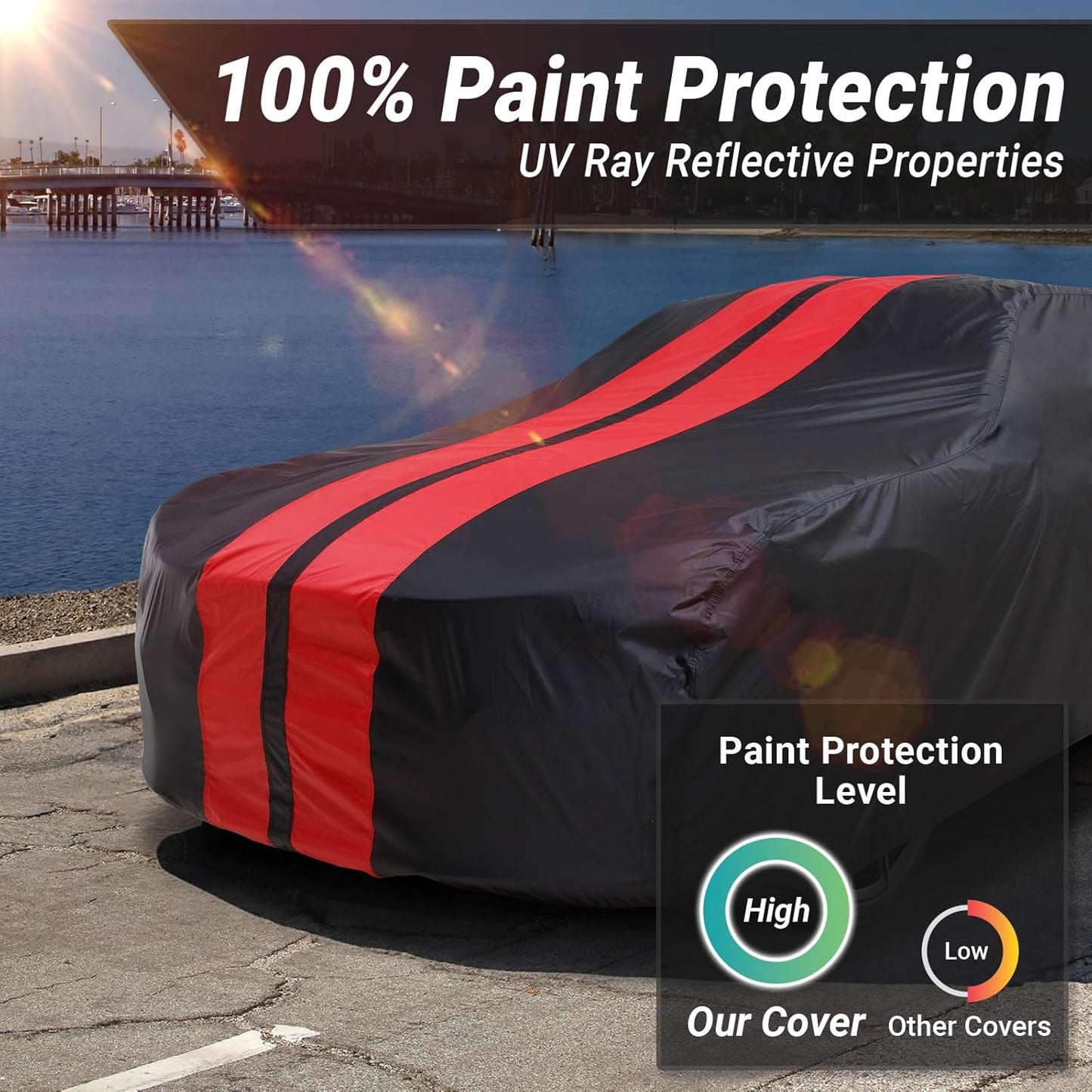 iCarCover Custom SUV Cover for Pontiac Trans AM (1969-1973) Waterproof All-Weather Rain Snow UV Sun Protector Full Exterior Indoor Outdoor Car Cover (Stripe - Black/Red)