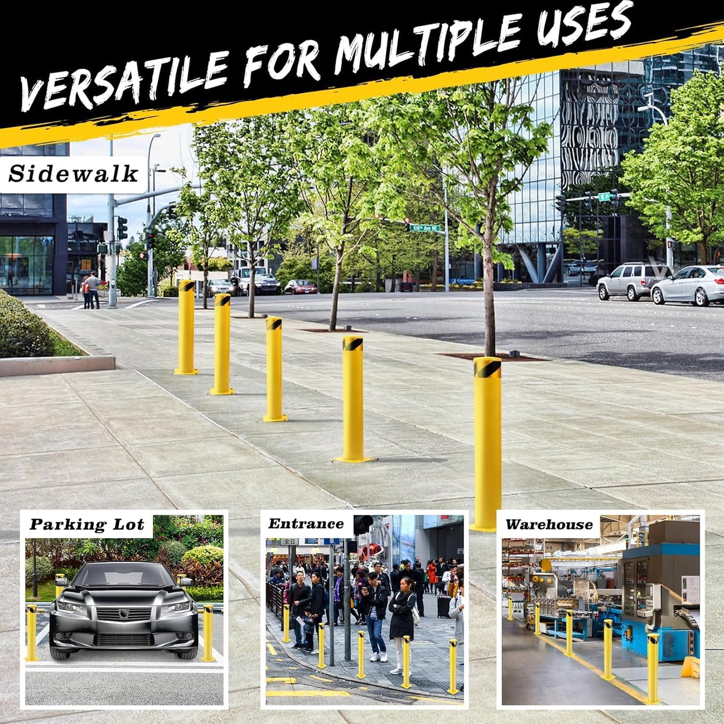 2 Pack Safety Bollard Post, 42 Inch Height 4.5 Inch Diameter Yellow Pipe Safety Steel Bollards with Anchor Bolts and Wrench, Steel Bollards for Road Warning Construction Public Place Traffic Control