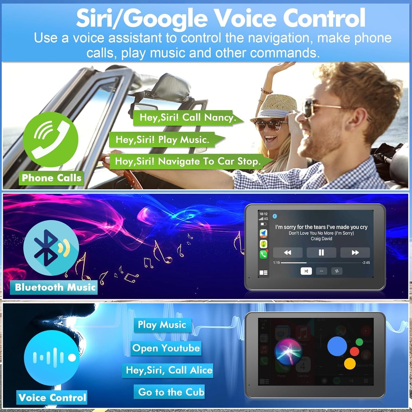 【Hieha】 2025 Wireless Portable Carplay and Android Auto, Carplay Screen for Car with Mirror Link/AUX/FM,7" Touchscreen Bluetooth 5.0, Marine Stereos for All Vehicles