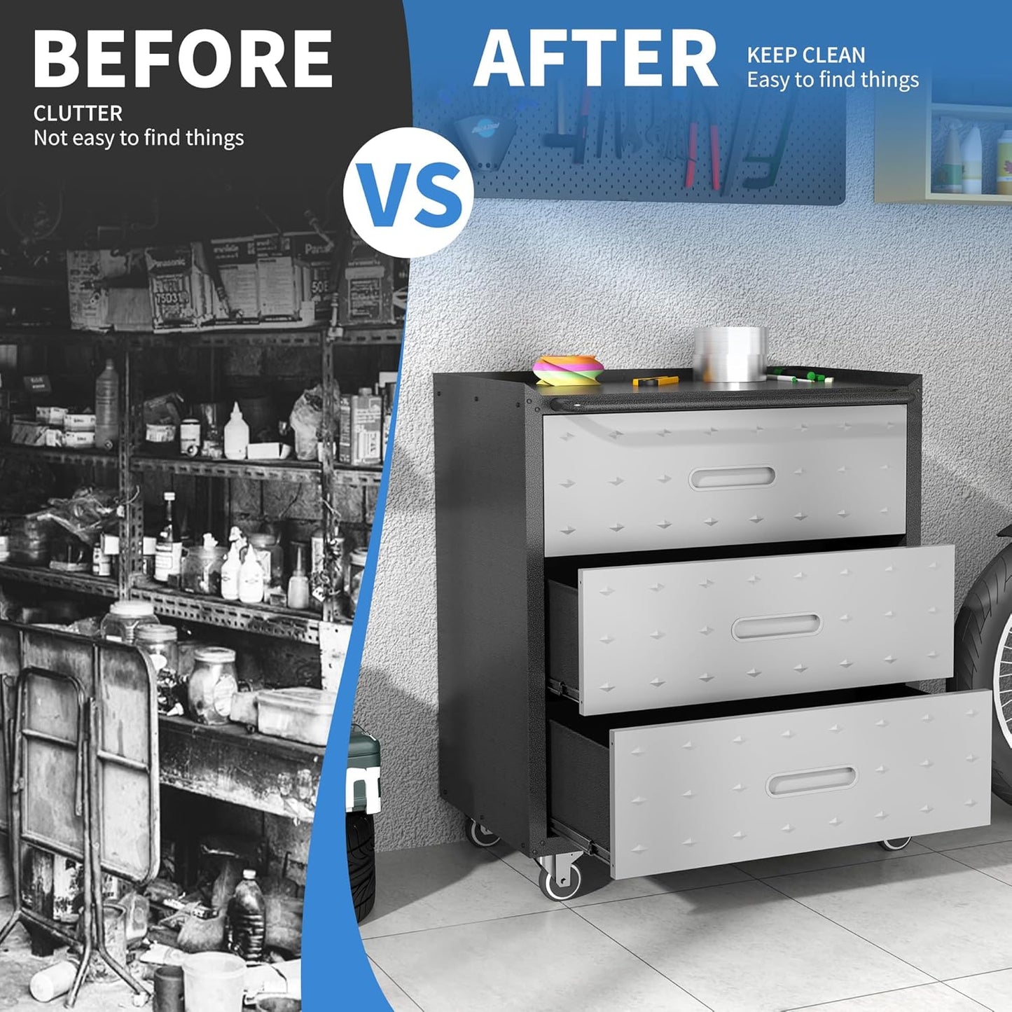 Metal Storage Cabinet with Wheels, Rolling Tool Cabinet, Garage Storage Cabinet with 3 Drawer for Tools, Assembly Required (Black/Grey)