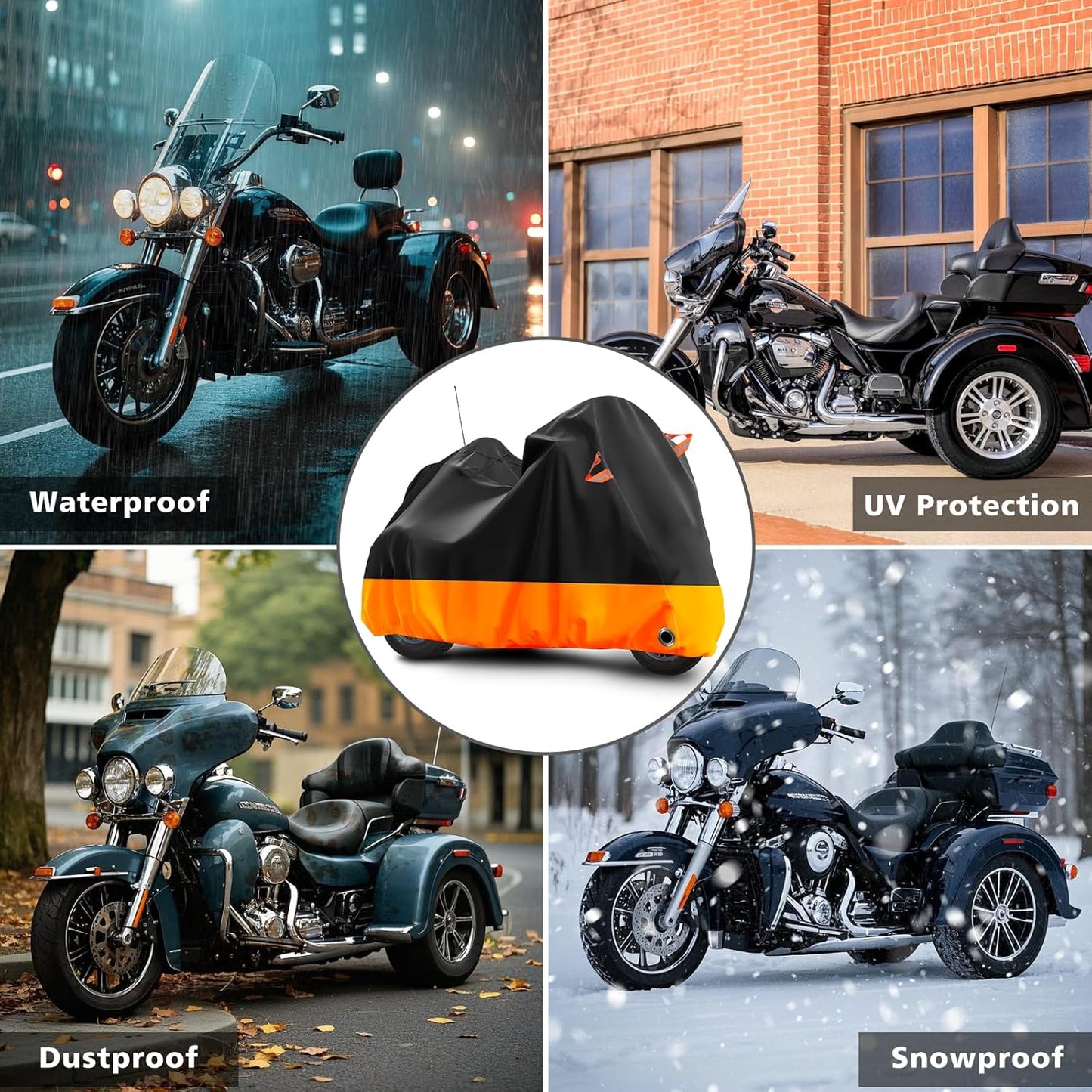 Trike Motorcycle Cover, Outdoor Waterproof Vehicle Cover with Windproof Buckle Reflective Strip for Harley Davidson, Honda Gold Wing, Kawasaki 3 Wheel Motorcycle Accessories (Black&Orange)