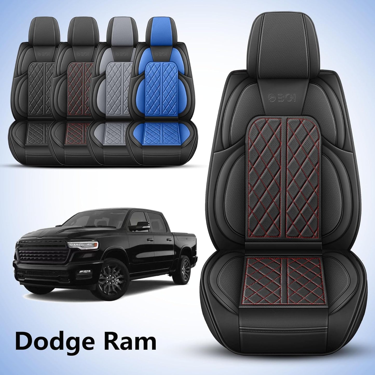 Car Seat Cover Custom Fit for Dodge Ram 1500 2500 3500 2002-2024 Faux Leather Seat Cover Set Compatible with Crew Quad Regular Cab Pickup Truck Cushions (Black Redline, Front Seat)