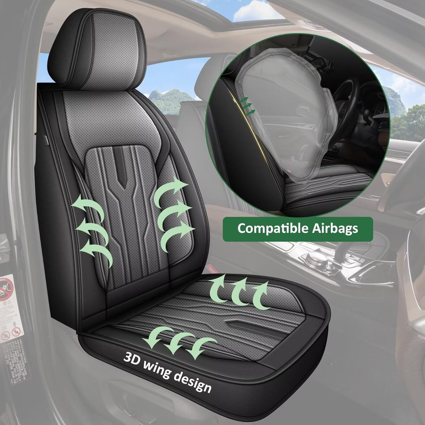 YORKENIC Fit for Hyundai Kona Seat Covers Front Set 2018-2024 2025: Breathable Leather Car Seat Covers Compatible Airbag (2 Front Set, Black & Grey)